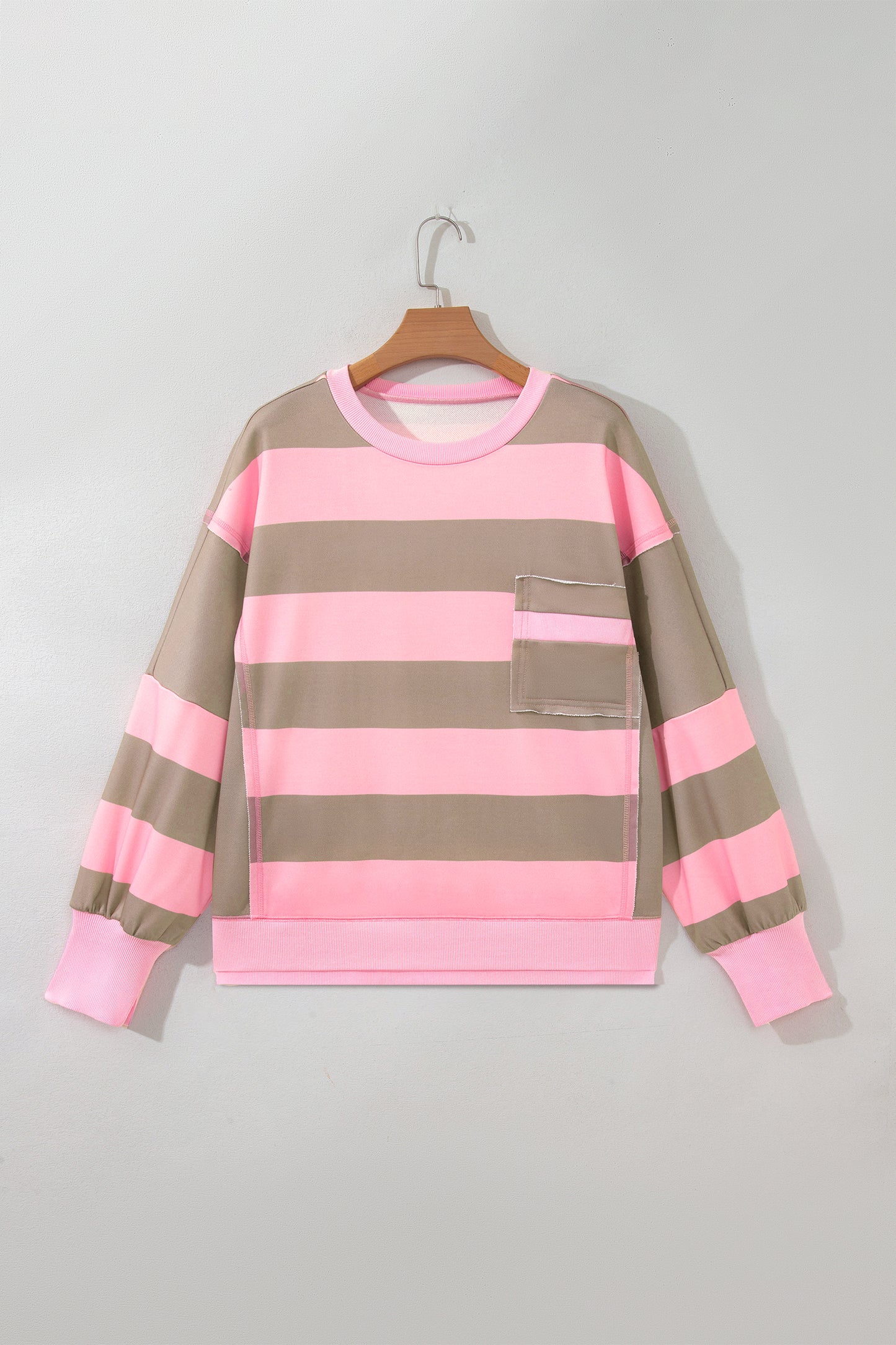 Pink Stripe Striped Colorblock Patch Pocket Split Hem Oversized Long Sleeve Sweatshirt