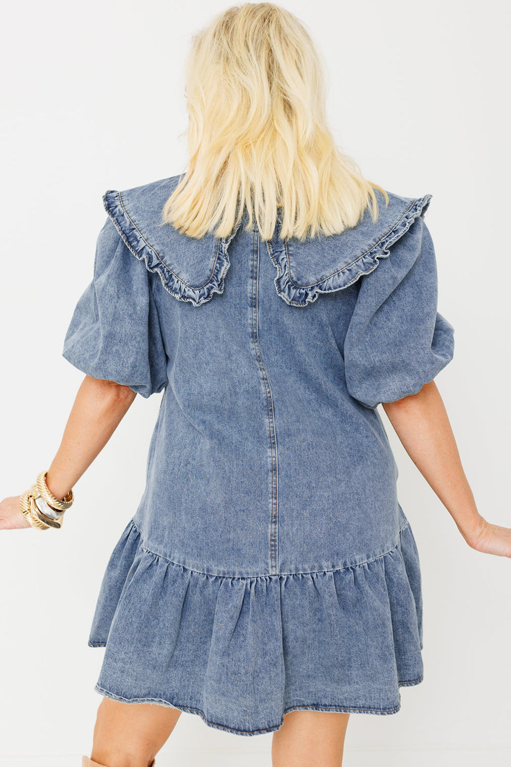 Pearls and Puff Sleeves Denim Dress
