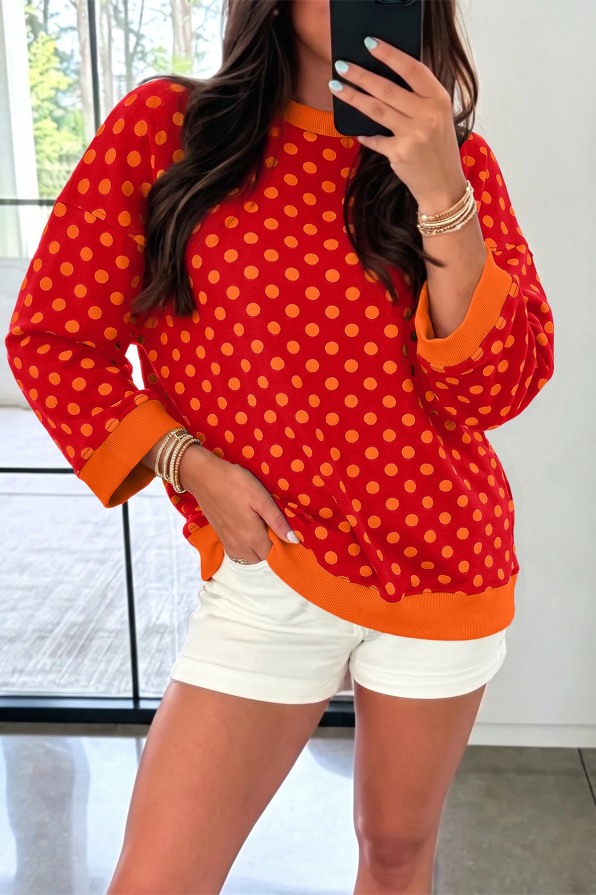 Green Polka Dot Print Contrast Trim Round Neck Bracelet Sleeve Top