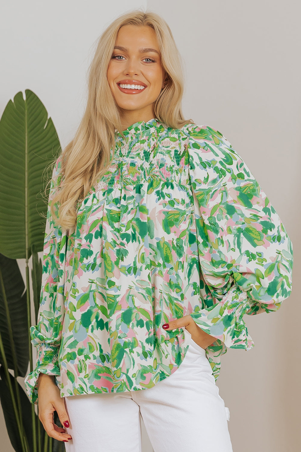 Emerald Garden Smocked Blouse