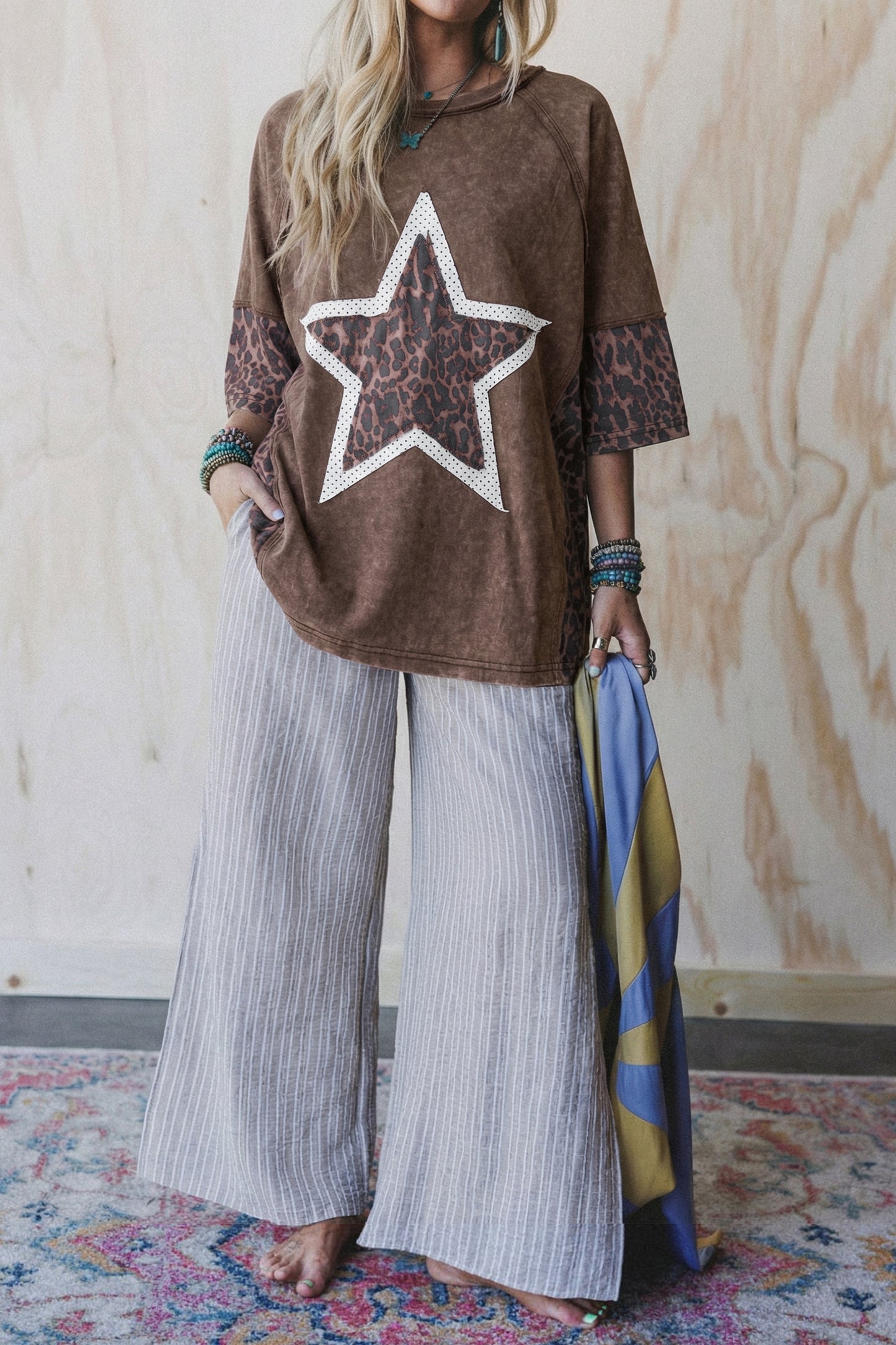 Mineral Wash Exposed Seam Leopard Star Patched T Shirt
