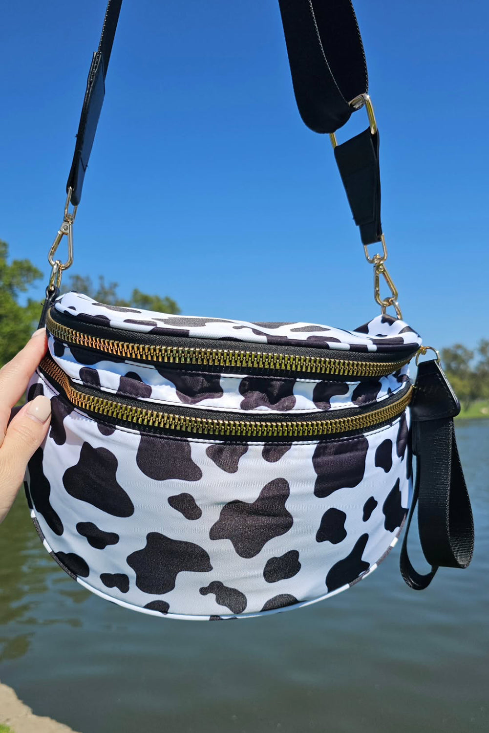 White Checkered Print Wide Strap Large Crossbody Bag