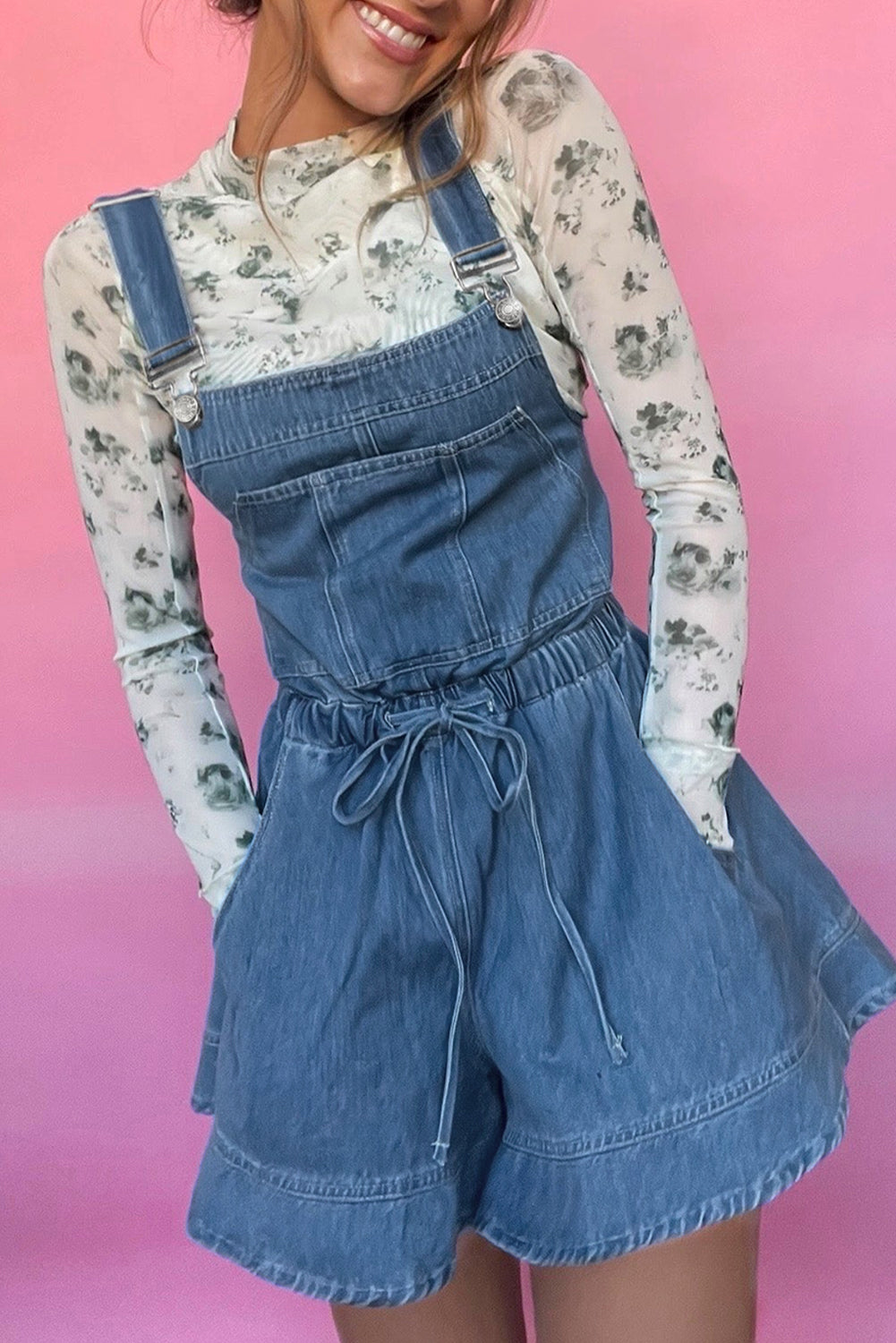 Sky Blue Buckle Straps Bib Style Tied Backless Flared Denim Overall