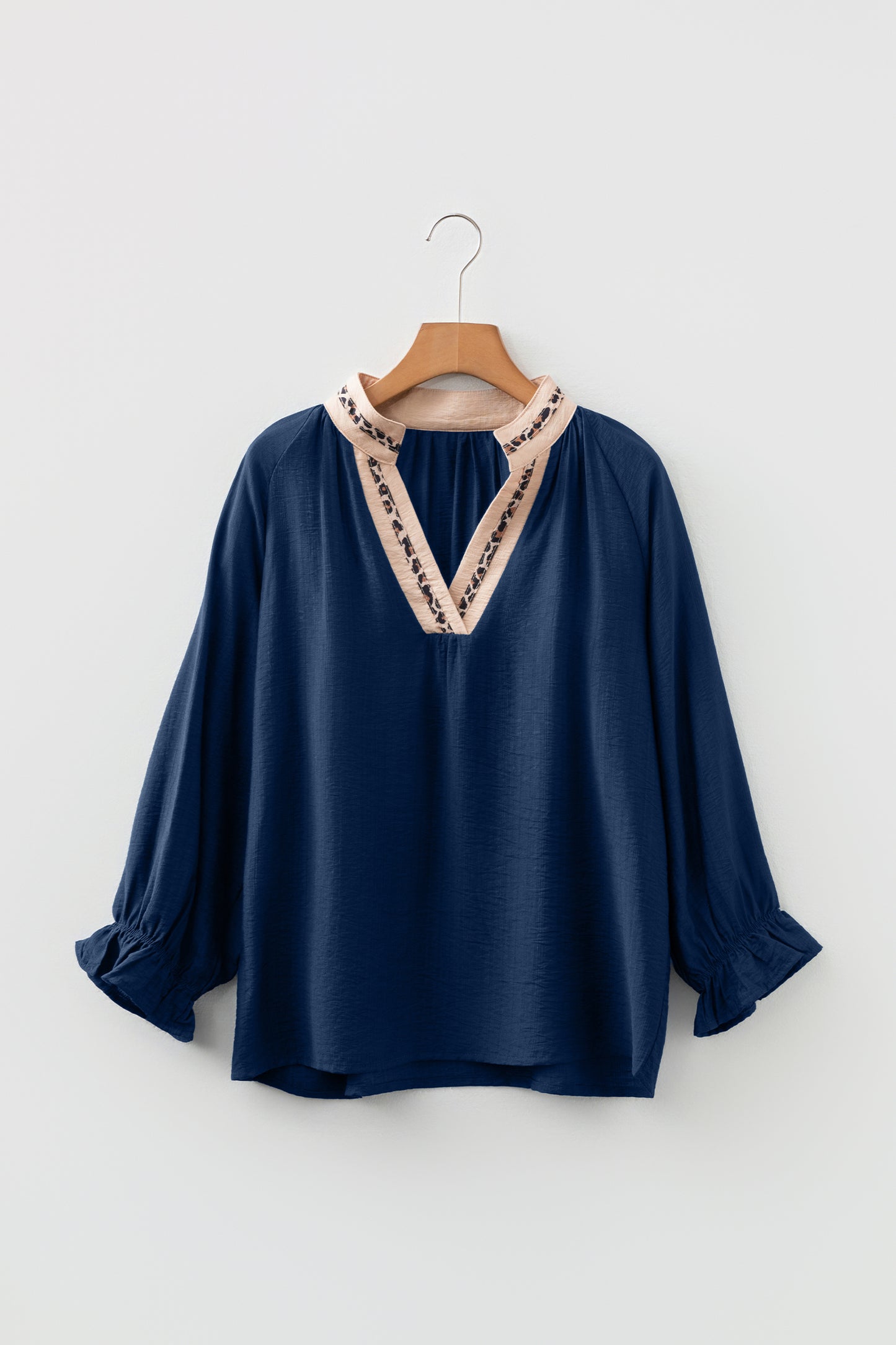 Dirty blue Leopard Trim V Neck Flounced Bracelet Sleeve Blouse