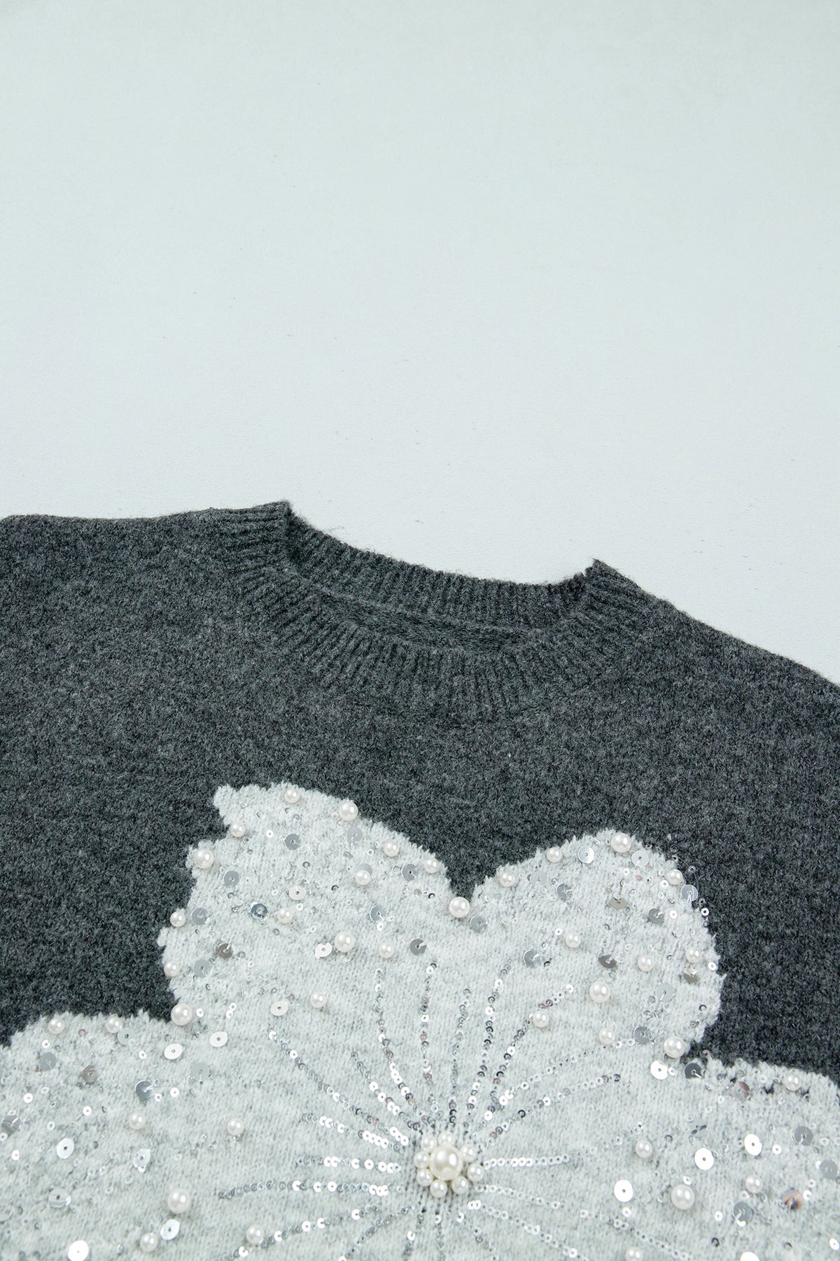 Dark Grey Beaded Floral Accent Casual Round Neck Sweater