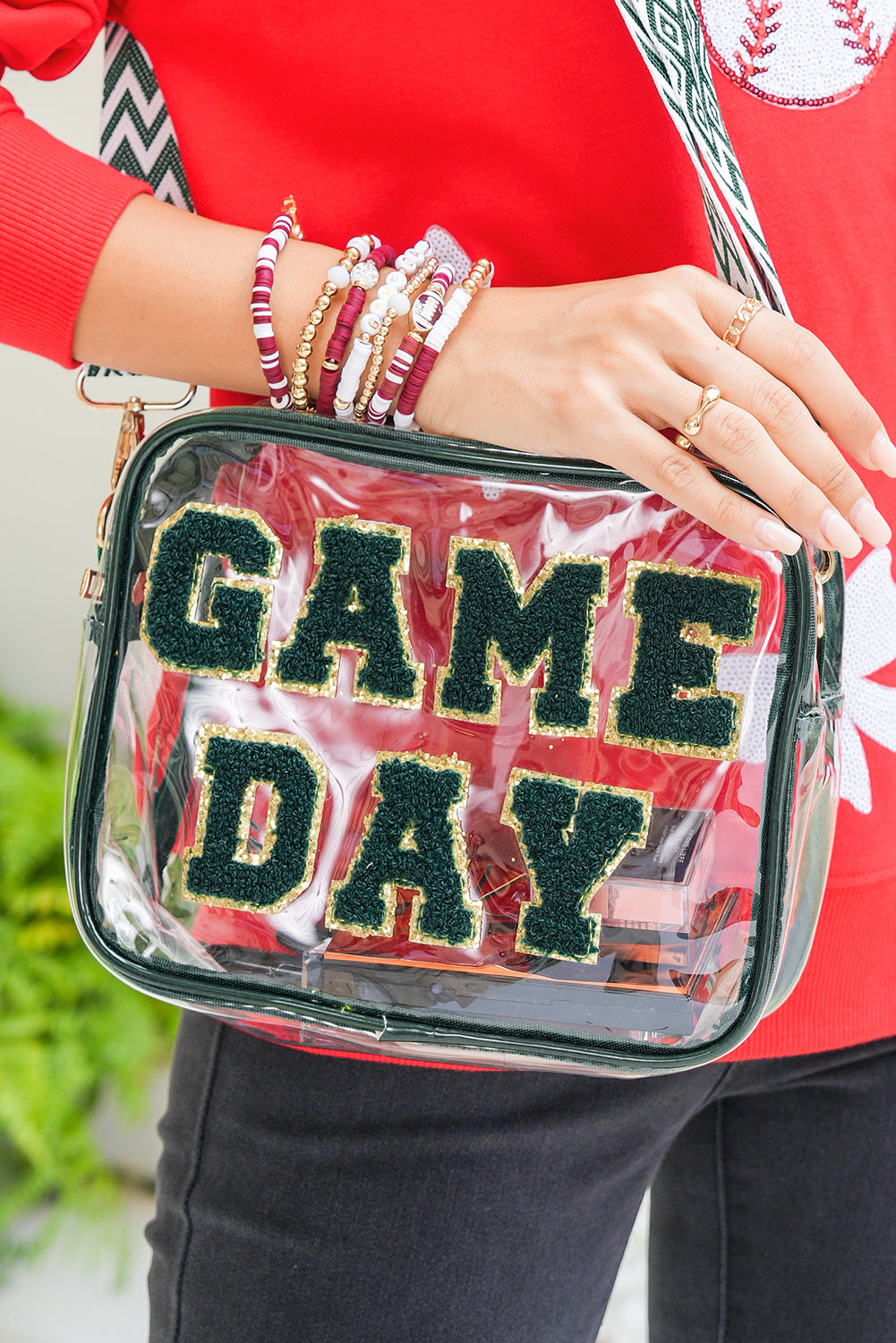 Black GAME DAY Chenille Embroidered Clear PVC Shoulder Bag