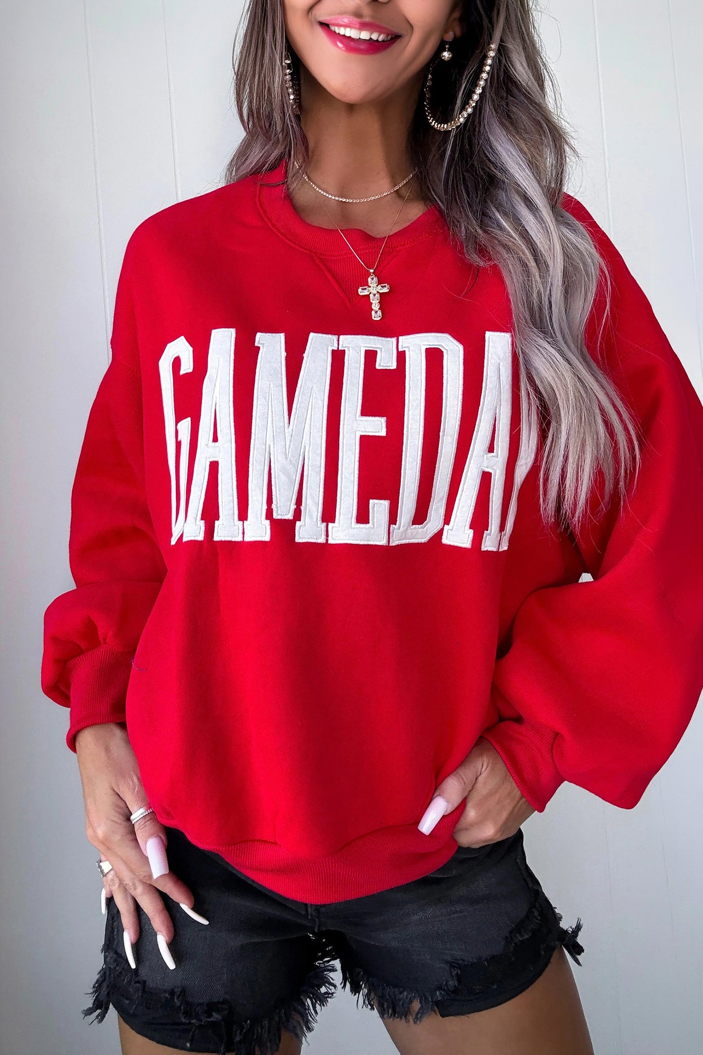 Red GAMEDAY Embroidered Patch Pattern Sweatshirt