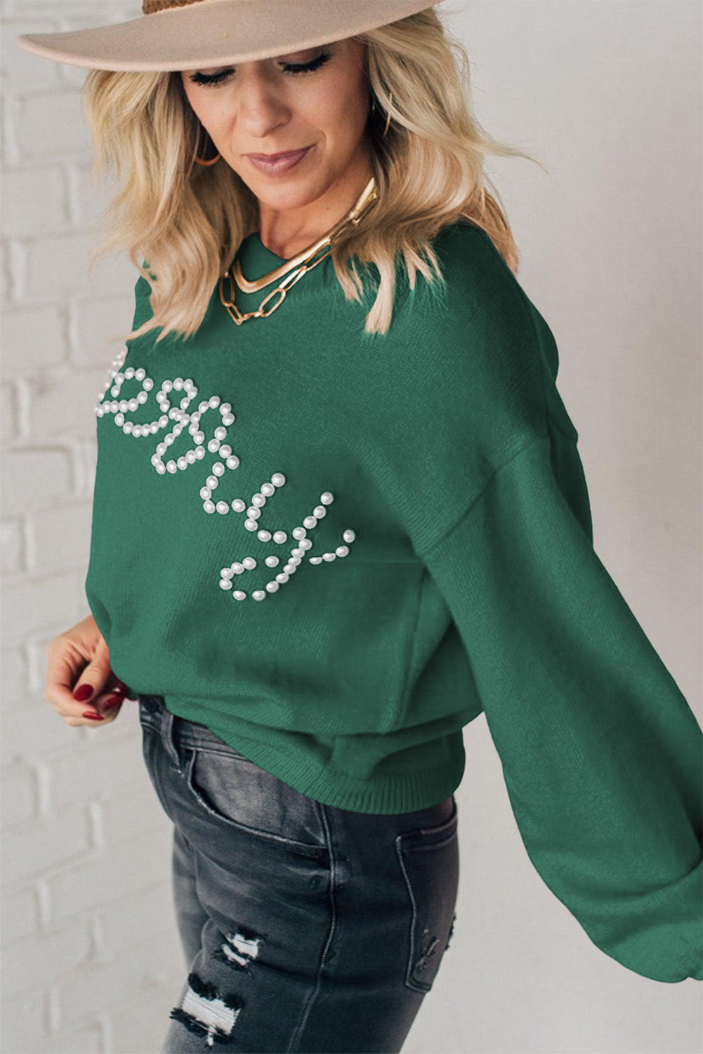Dark Green Pearl Beaded Merry Casual Sweater