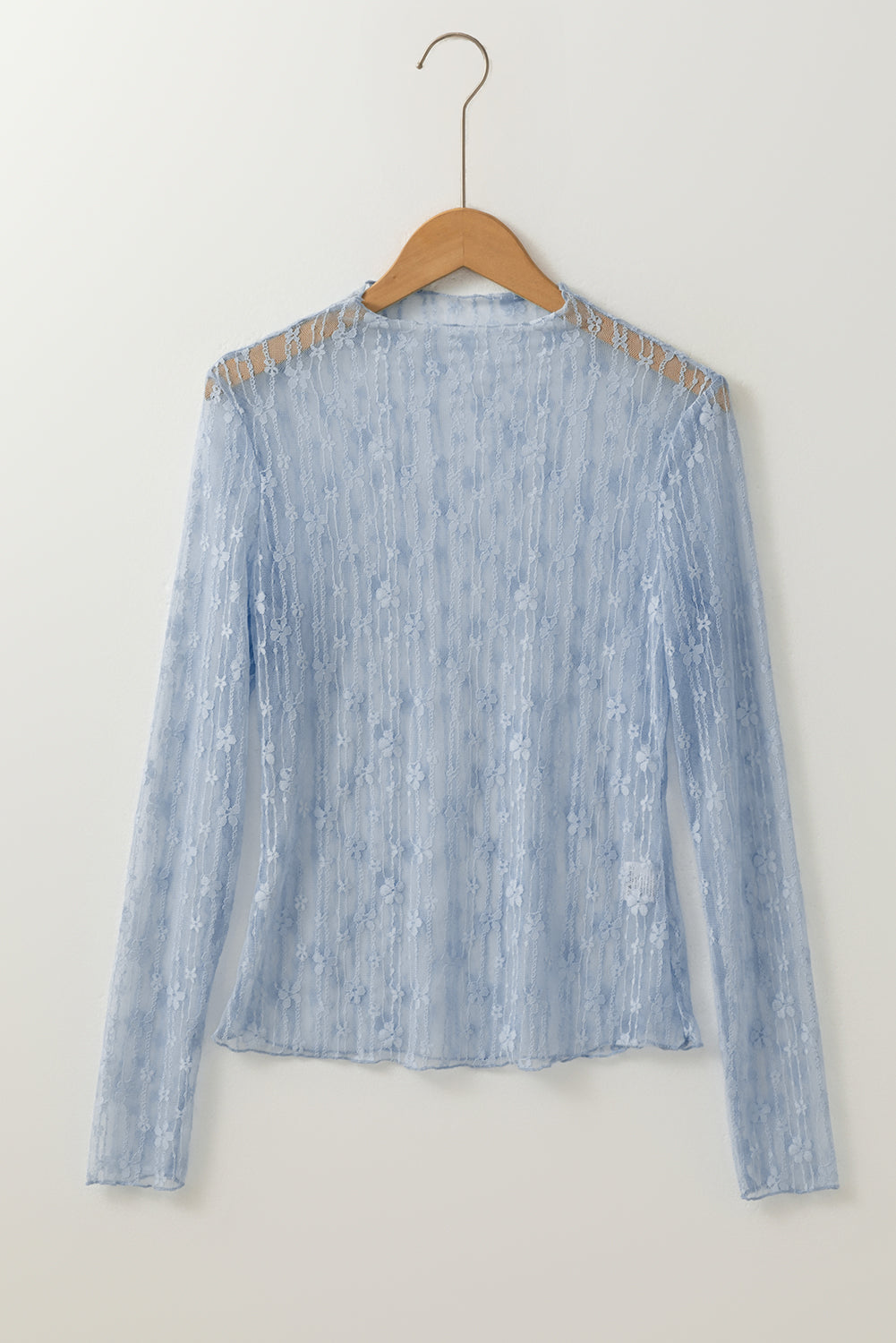 Blue Sheer Floral Lace Long Sleeve Slim Fit Top
