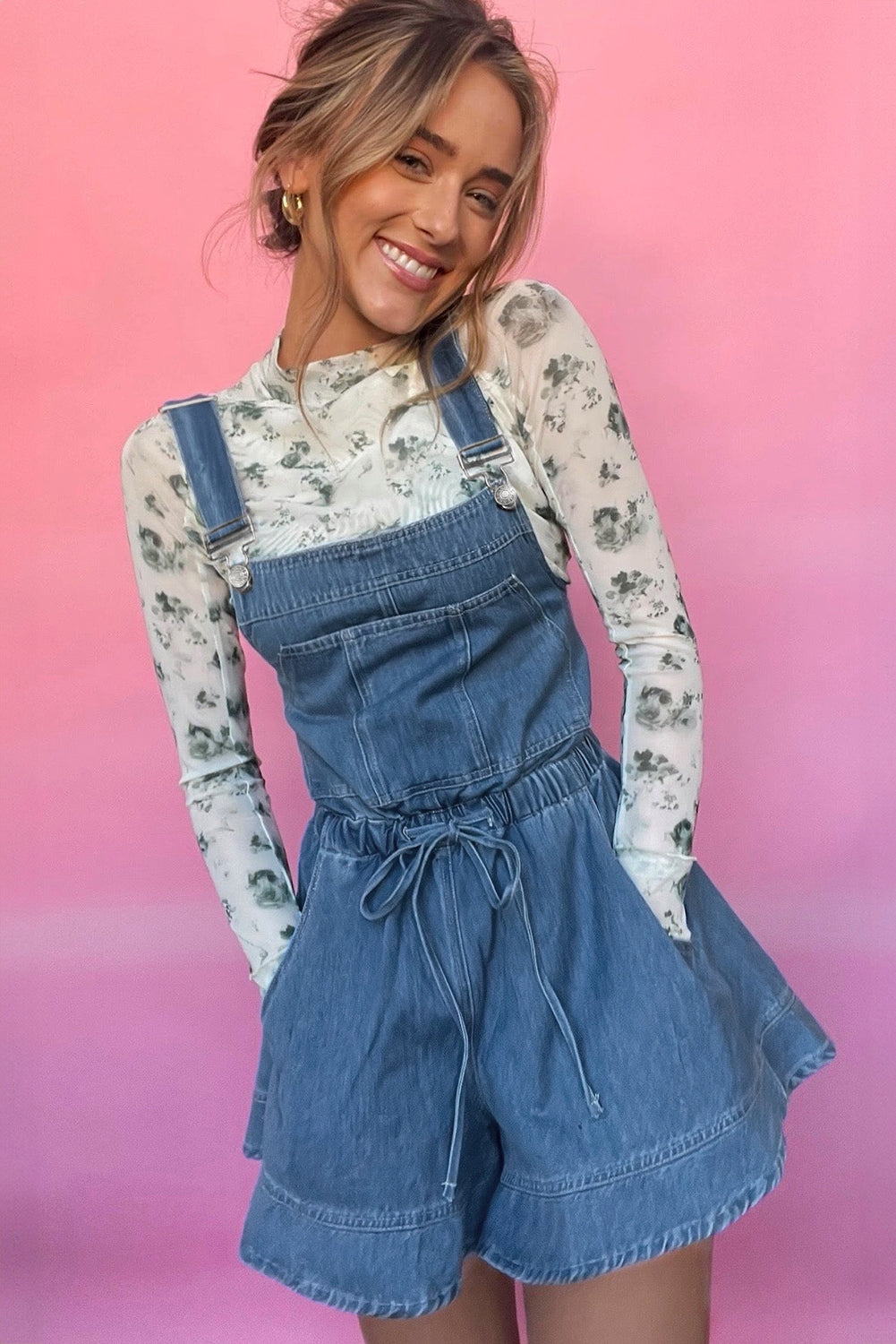 Sky Blue Buckle Straps Bib Style Tied Backless Flared Denim Overall