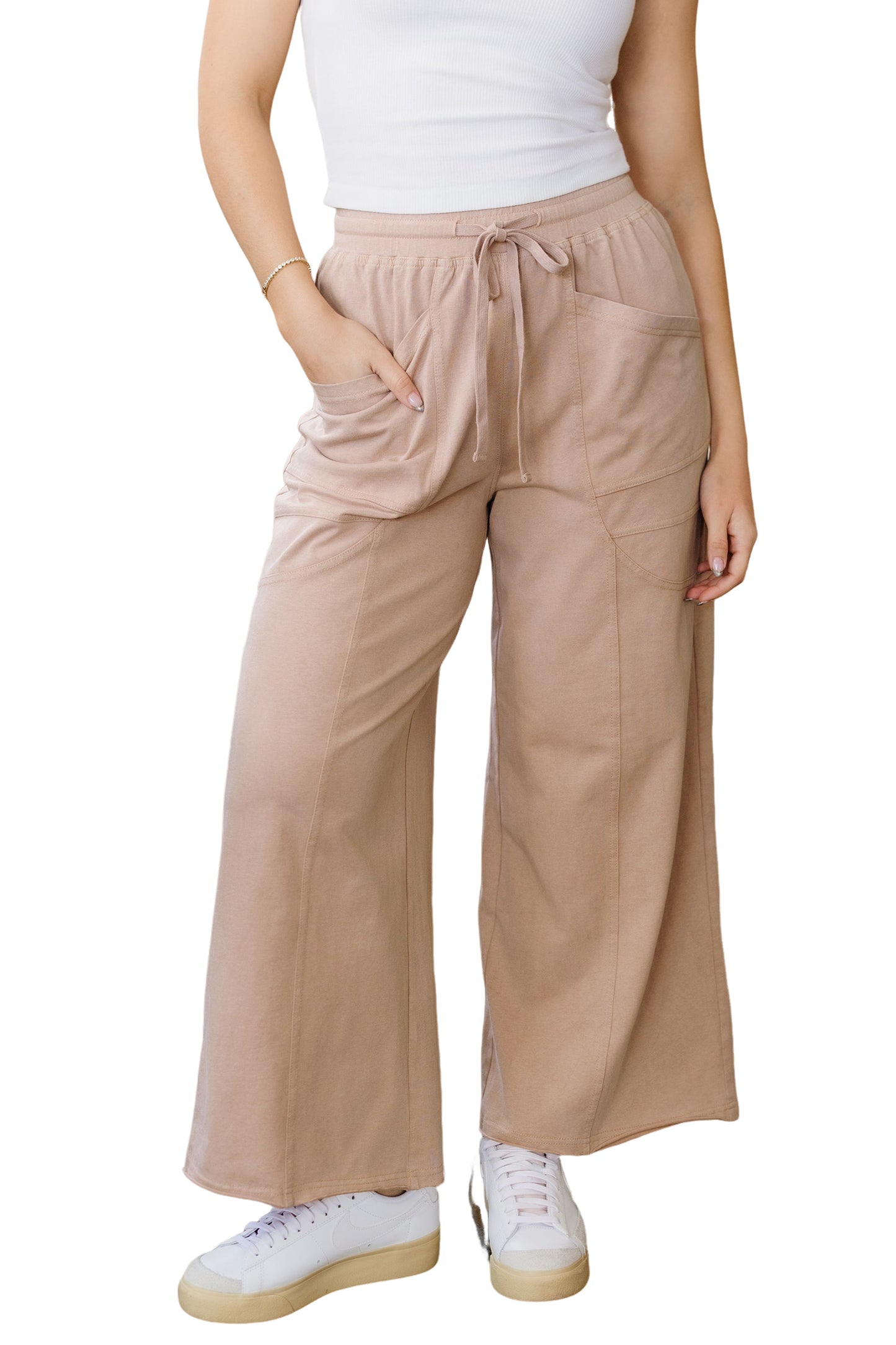 Beige Mineral Wash Pocketed Wide Leg Pants