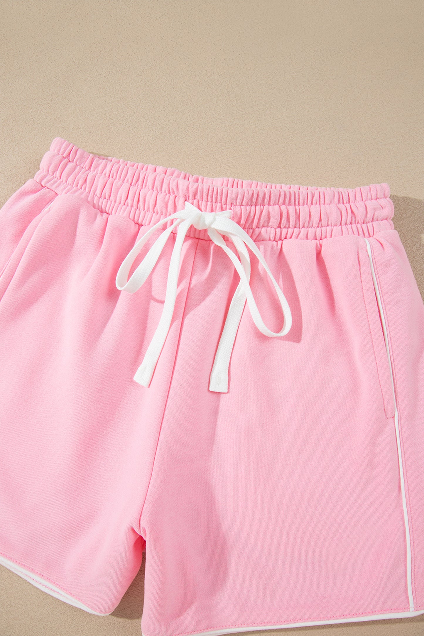 Pink Piping Trim Long Sporty Pullover Drawstring Elastic Waist Shorts Set