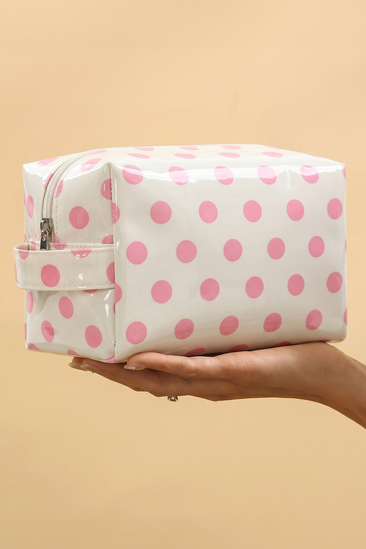 White Durable PVC Polka Dot Makeup Bag