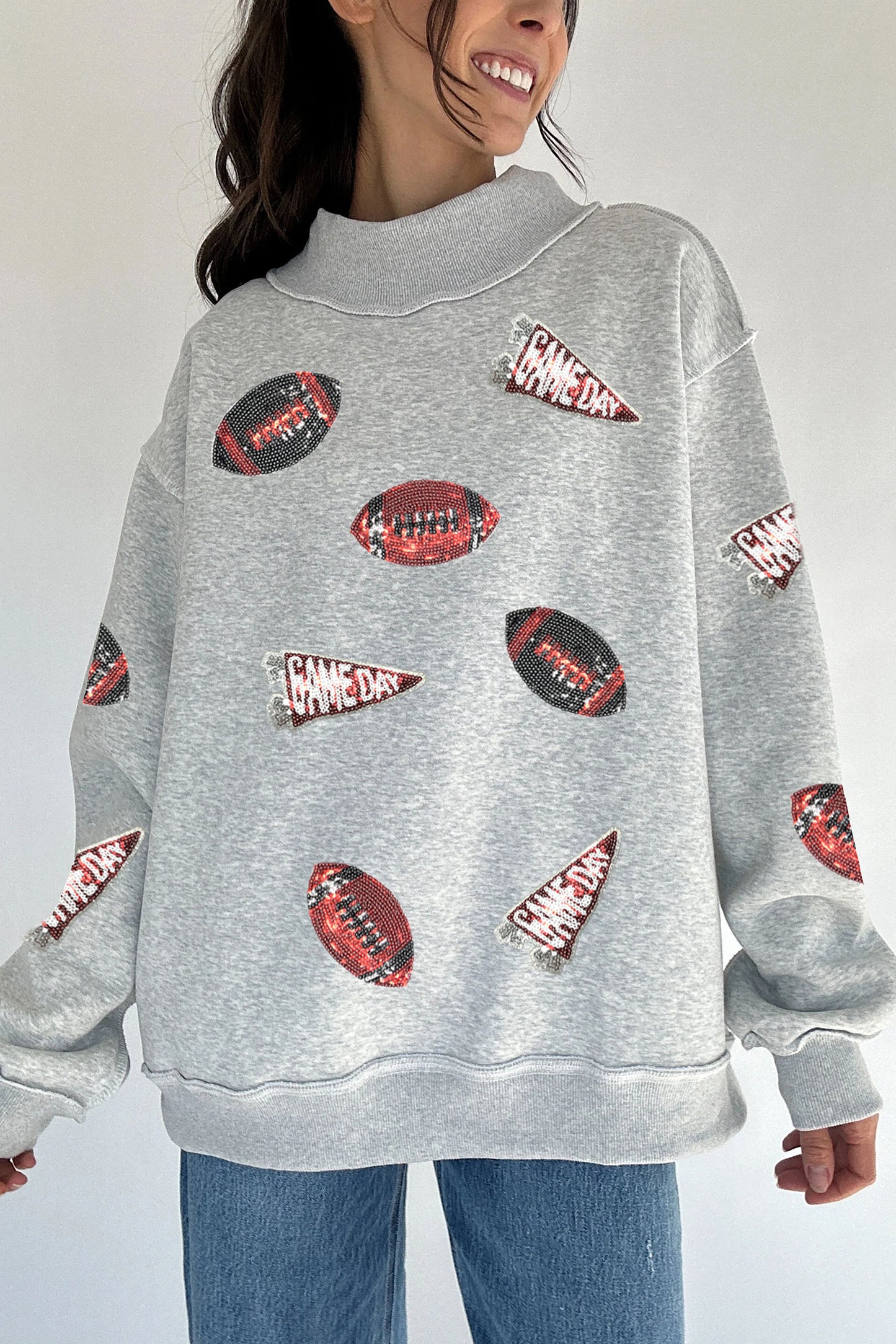 Grey Sequin Game Day High Neck Baggy Sweatshirt