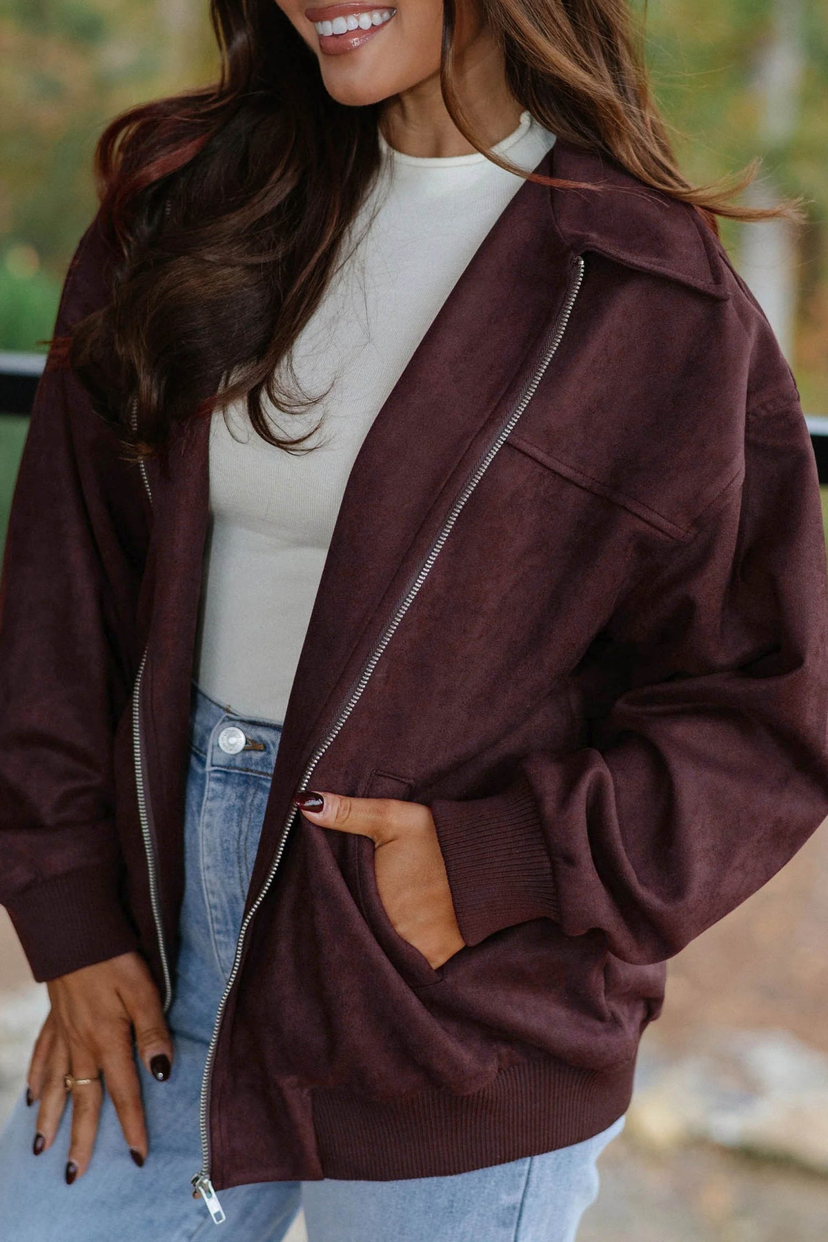 Chicory Coffee Solid Zip-up Metal Placket Collar Long Sleeve Jacket