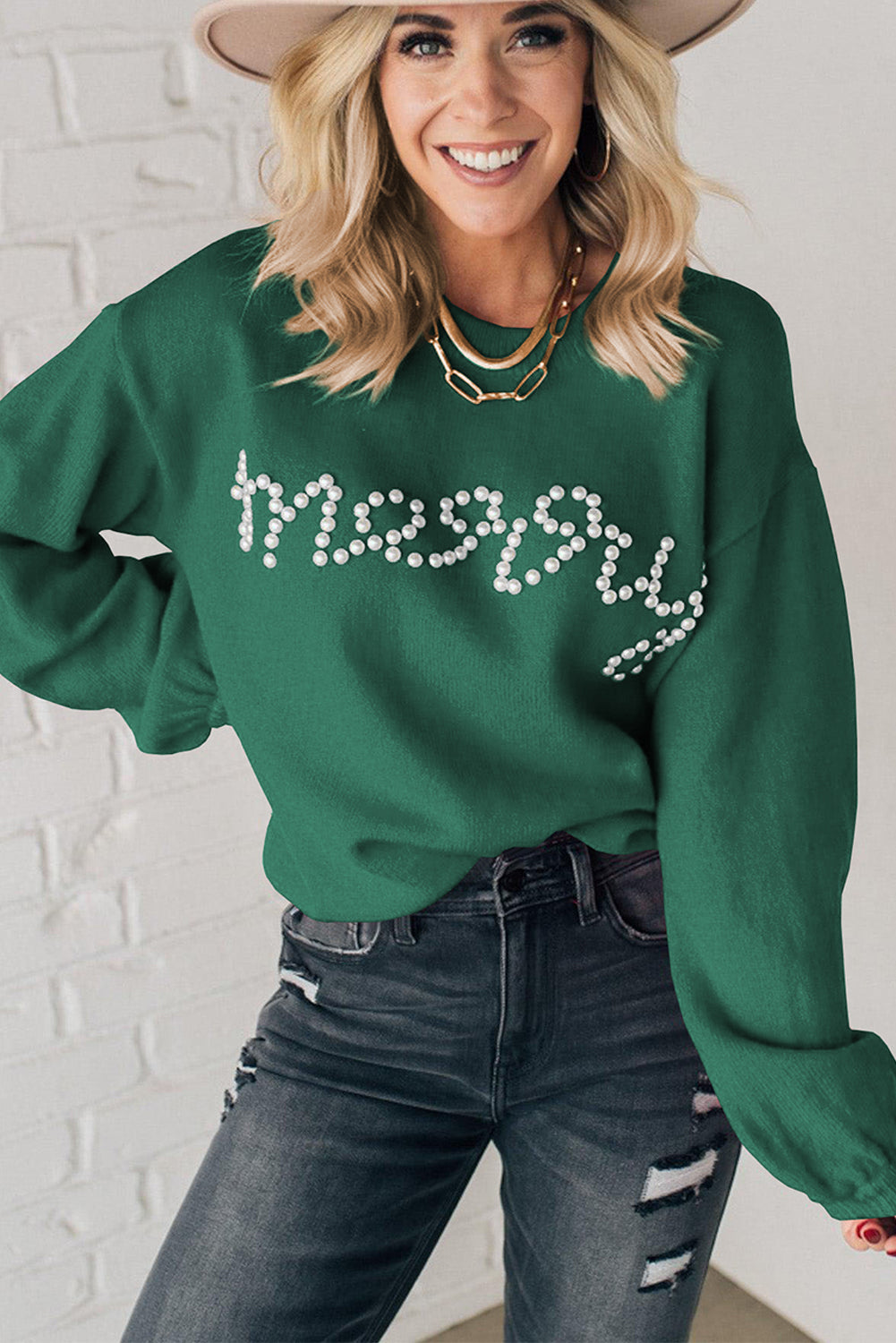 Dark Green Pearl Beaded Merry Casual Sweater