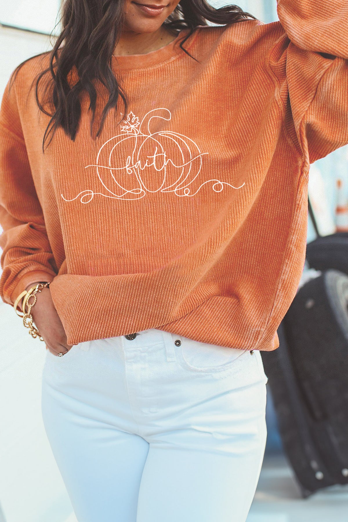 Orange Custom Embroidered Pumpkin Faith Graphic Sweatshirt
