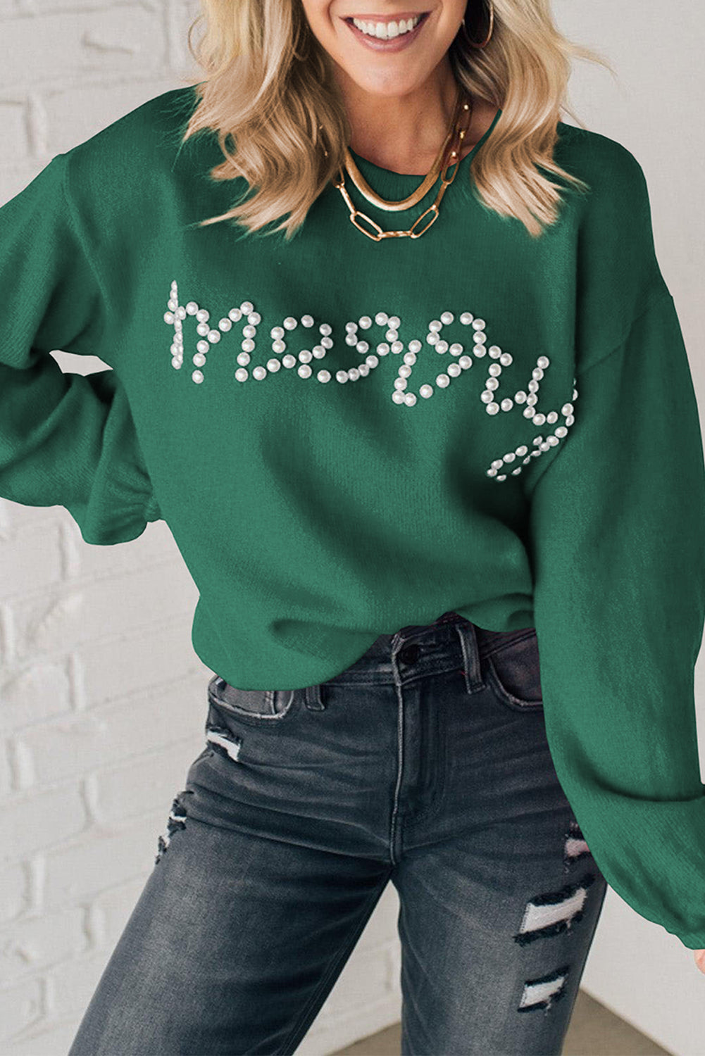 Dark Green Pearl Beaded Merry Casual Sweater