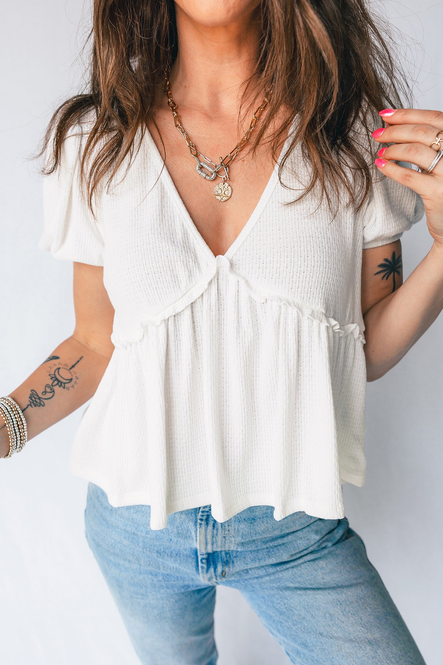 White Bubble Sleeve Peplum Top