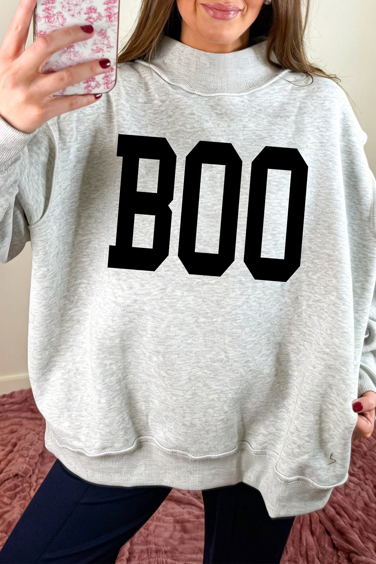Light Grey Halloween Boo Slogan Ghost Print Reversible Mock Neck  Sweatshirt