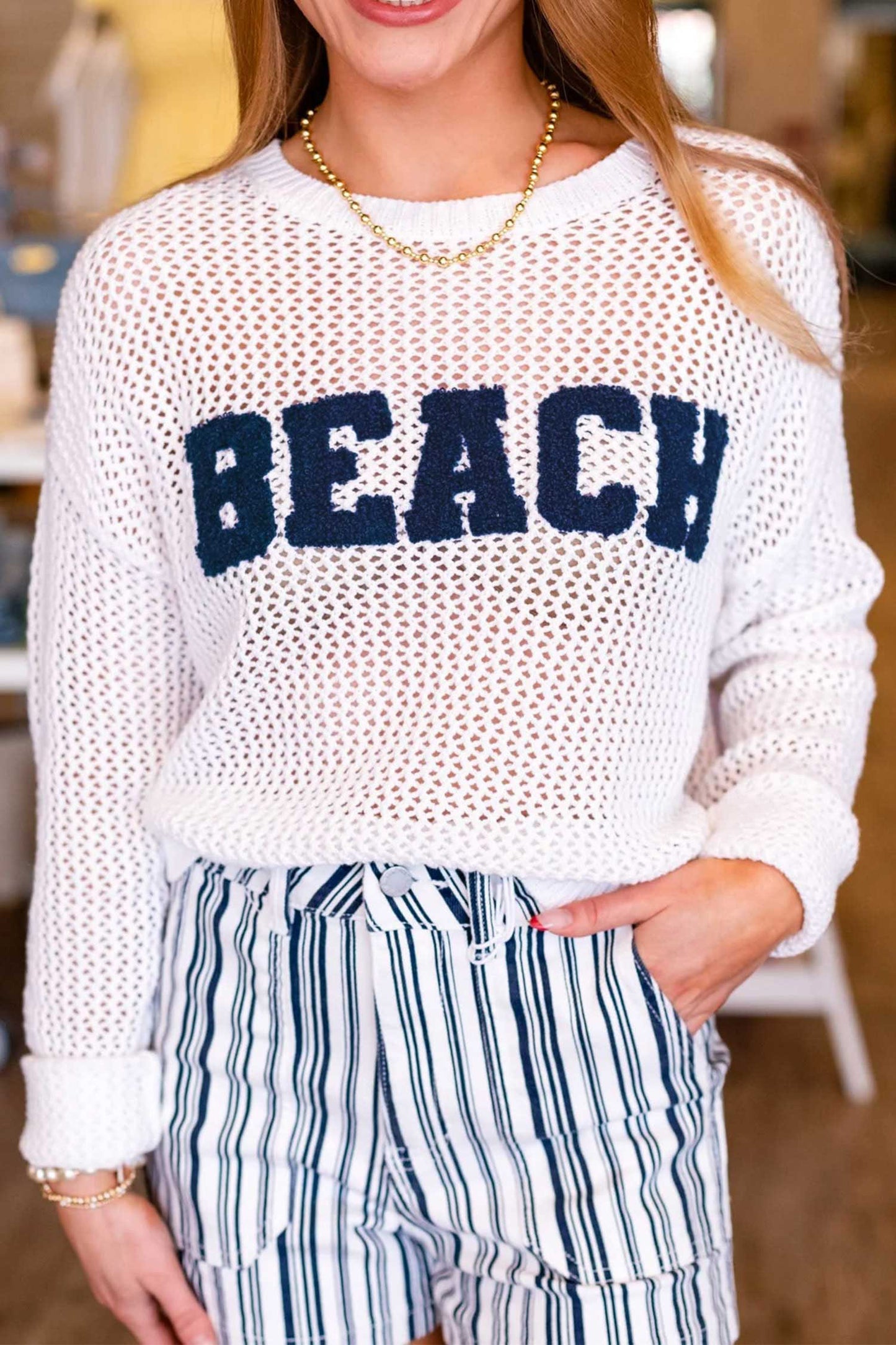 BEACH Lettering Hollow Out Knit Casual Sweater