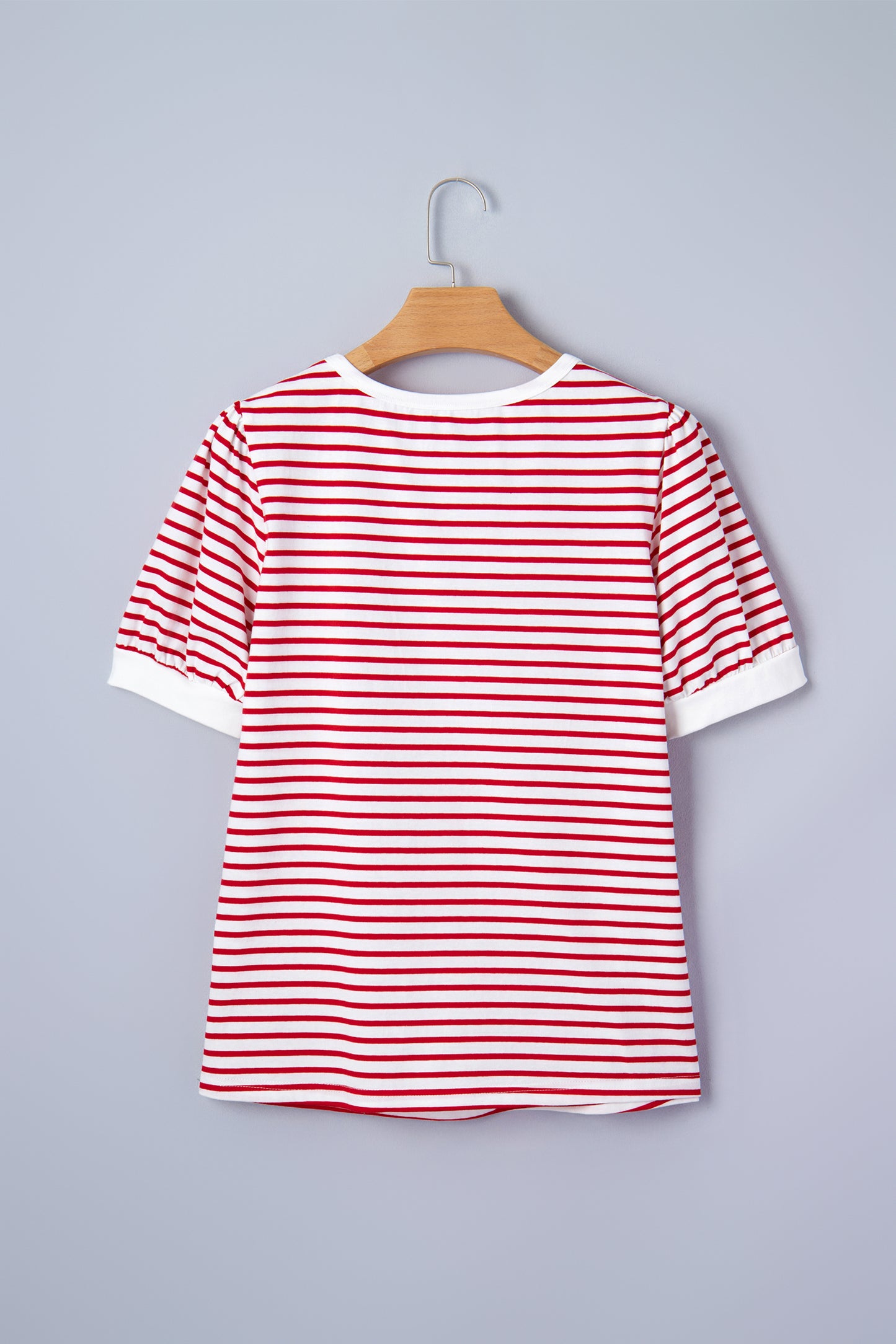 Red Stripe Contrast Trim Round Neck Short Puff Sleeve T Shirt