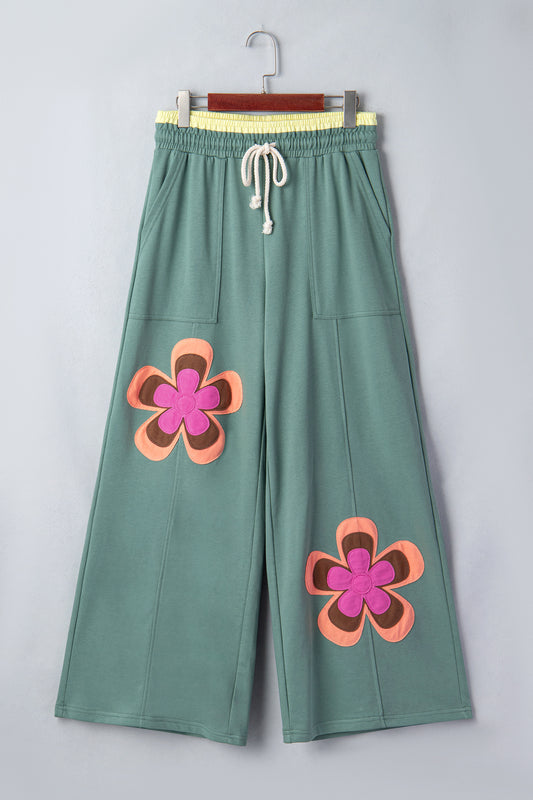Sea Green Color Block Flower Patchwork Drawstring Contrasted Elastic Waist Wide Leg Pants