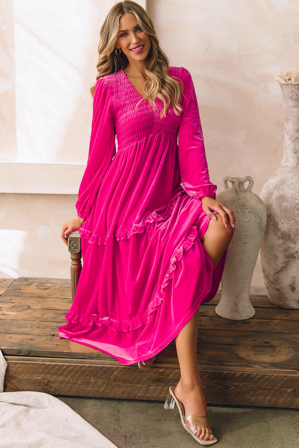 Fuchsia Dream Tiered Smock Dress