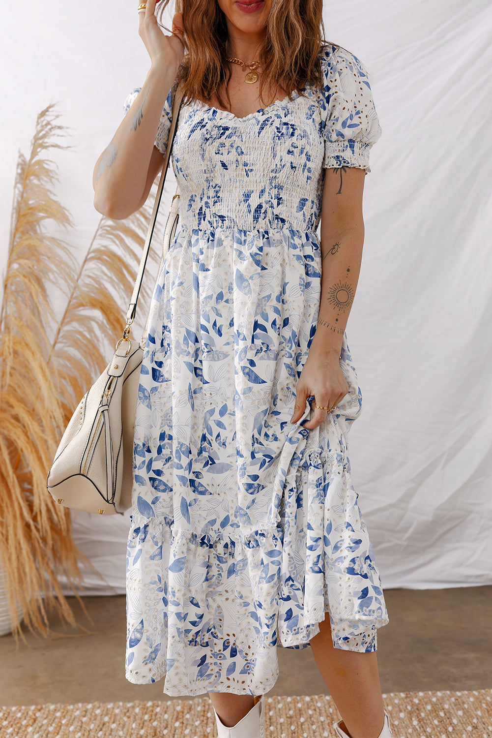 Sky Blue Smocked Bodice Short Puff Sleeve Tiered Floral Midi Dress