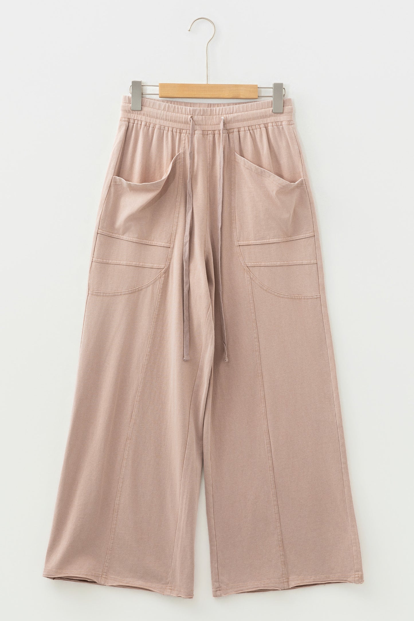 Beige Mineral Wash Pocketed Wide Leg Pants