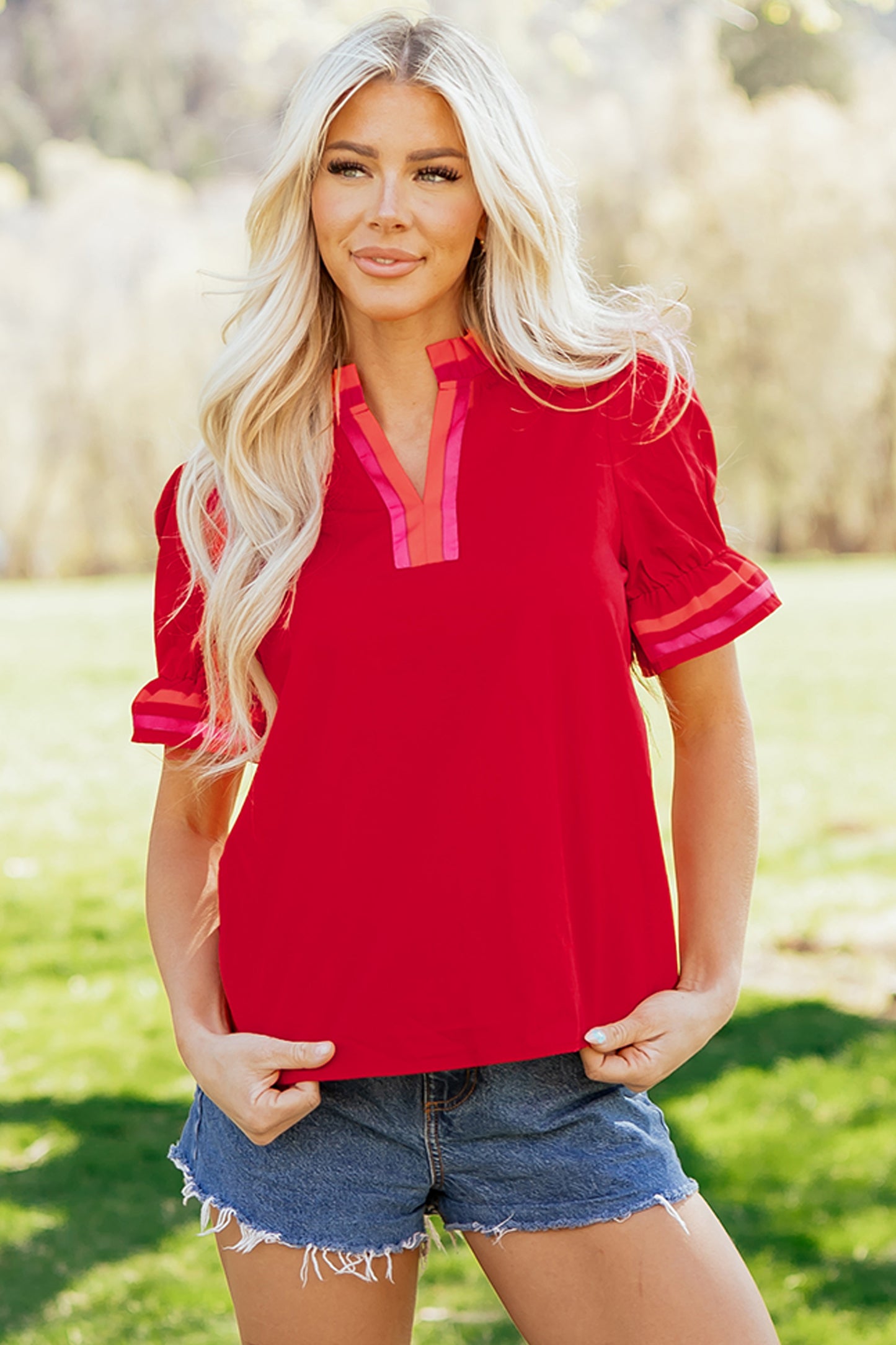 Cherry Pop Ruffle Sleeve Blouse