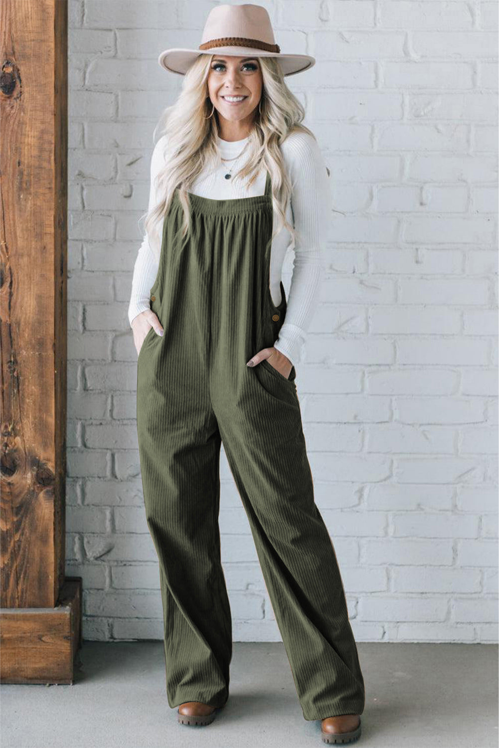 Real Teal Button Adjustable Straps Solid Color Corduroy Jumpsuit