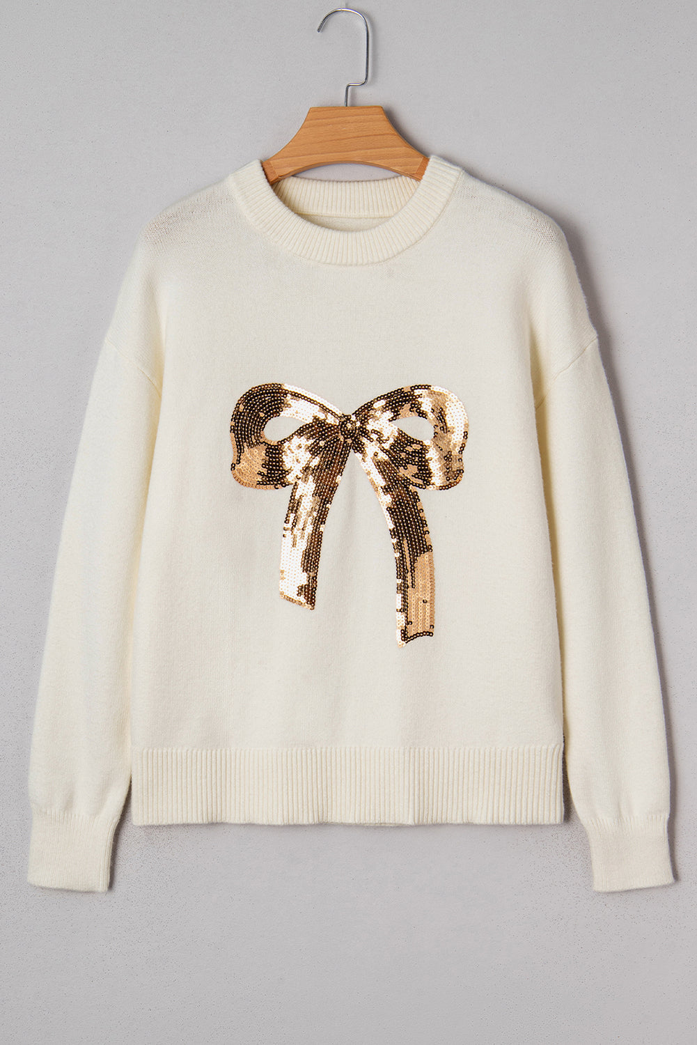 White Sequined Bow Graphic Christmas Holiday Sweater