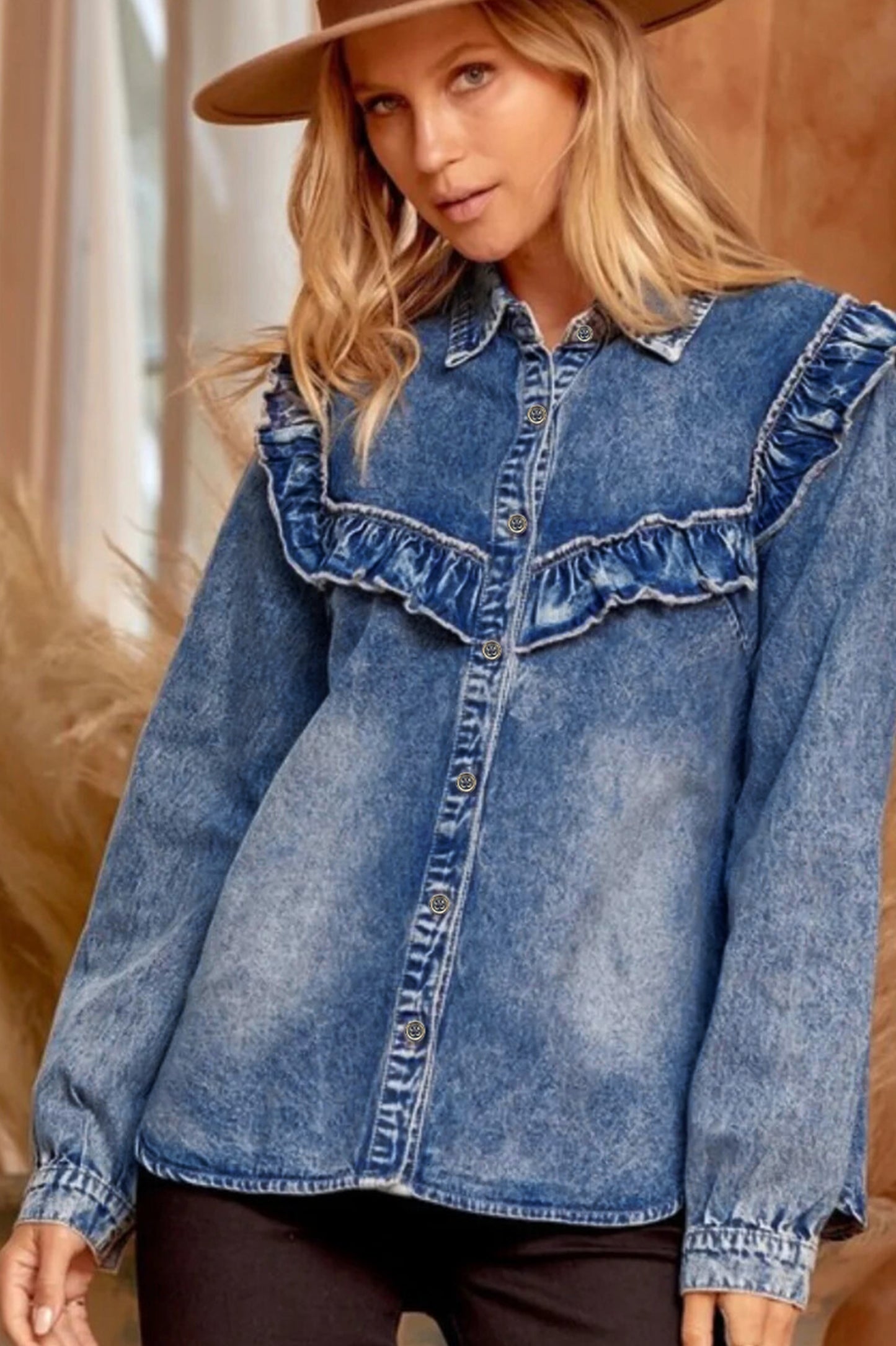 Ruffled Indigo Charm Denim Shirt