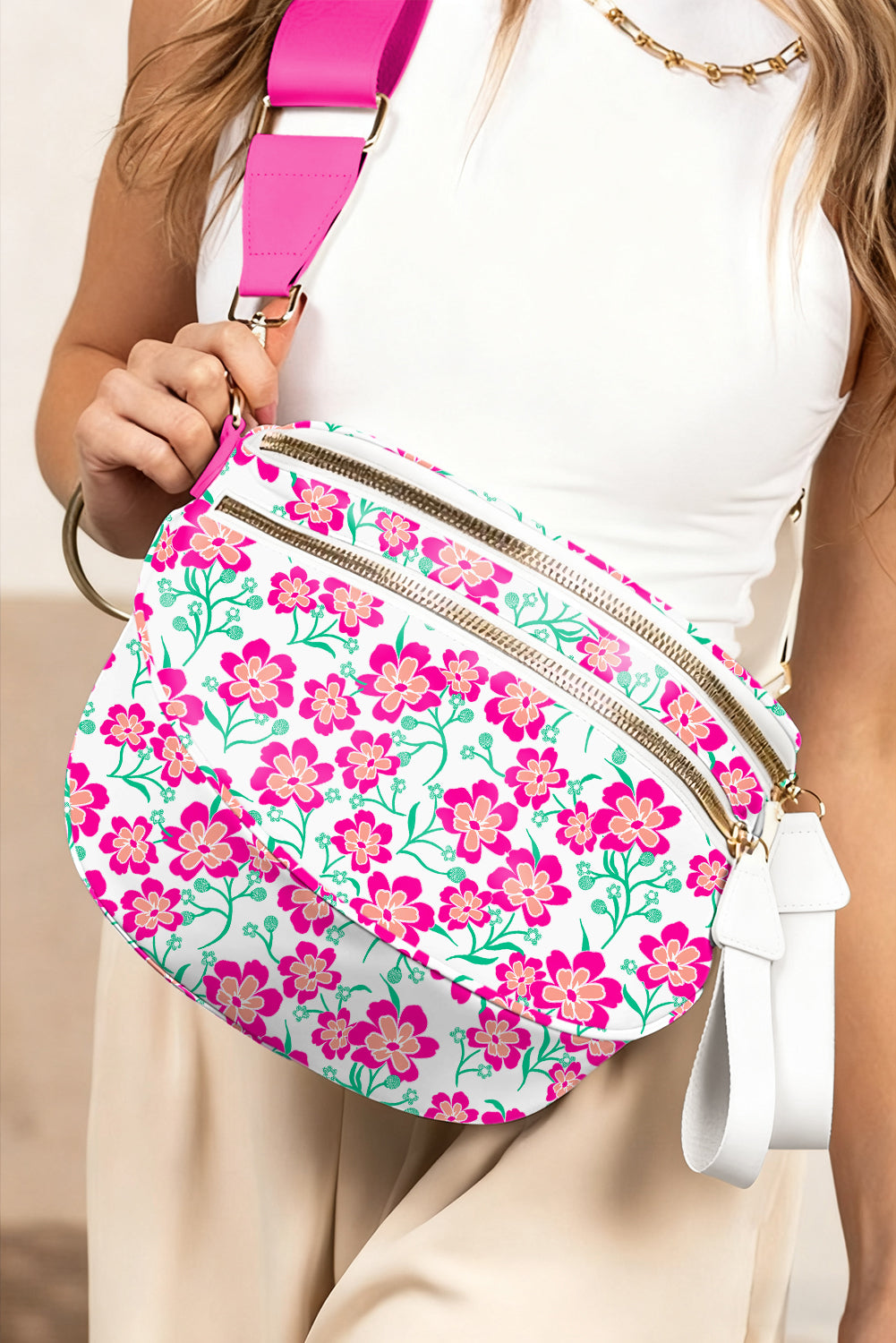 Rose Red Leopard Printed Double Zip Crossbody Bag