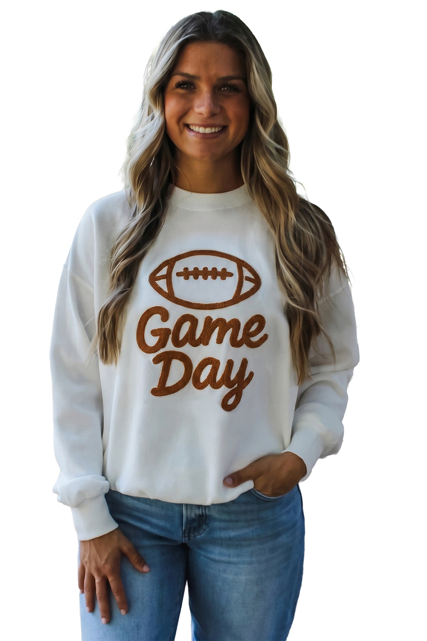 White Embroidered Game Day Sweatshirt