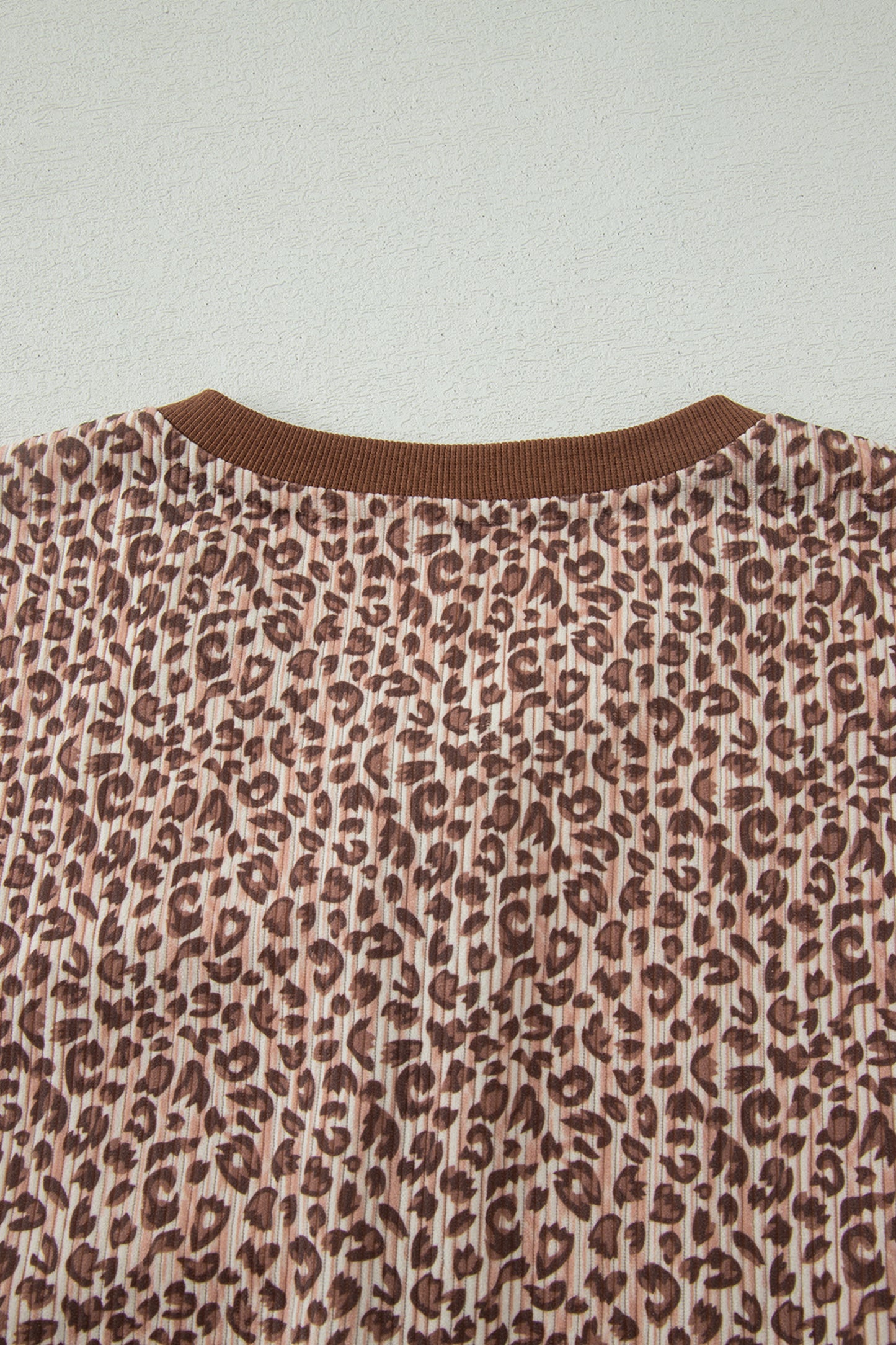 Brown Leopard Print Ribbed Patchwork Half Button Loose Tee Elastic Waist Short 2pcs Set