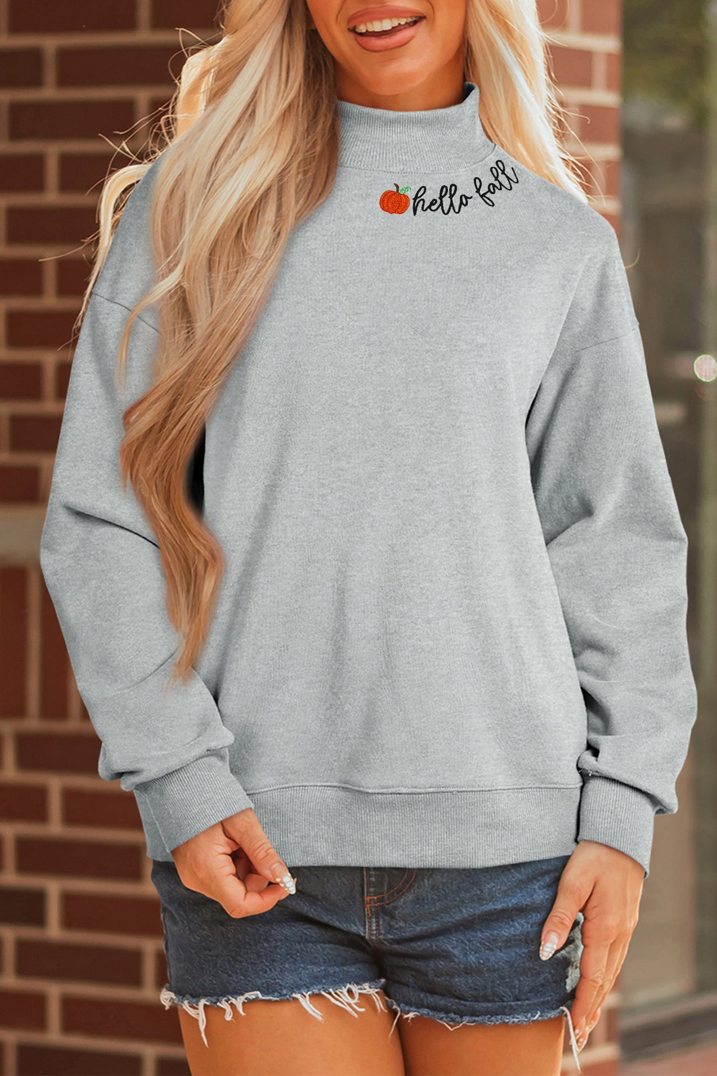 Hello Embroidered Pumpkin Detail Mock Neck Sweatshirt