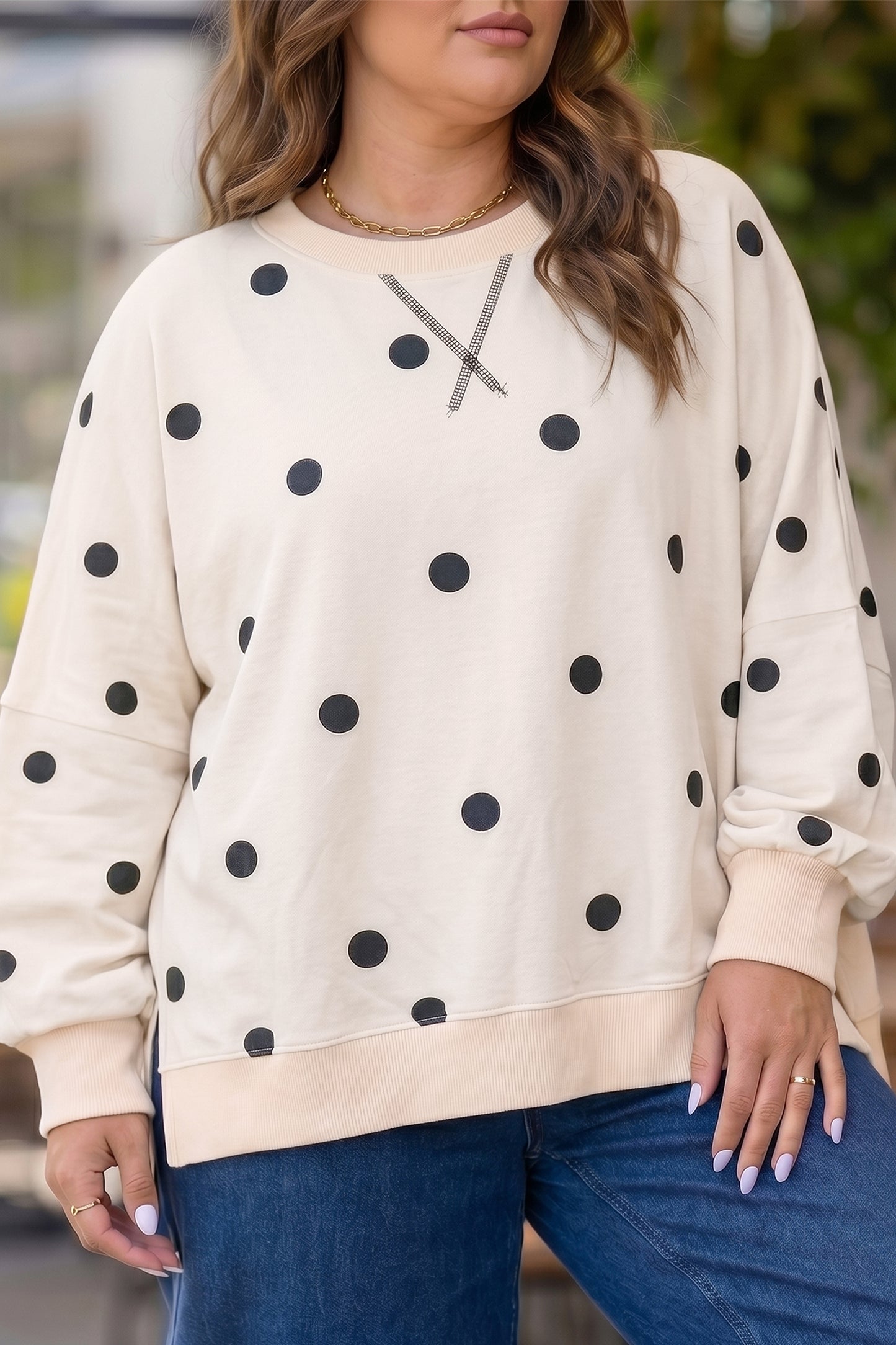 Yellow Round Neck Long Sleeve Polka Dot Plus Size Top