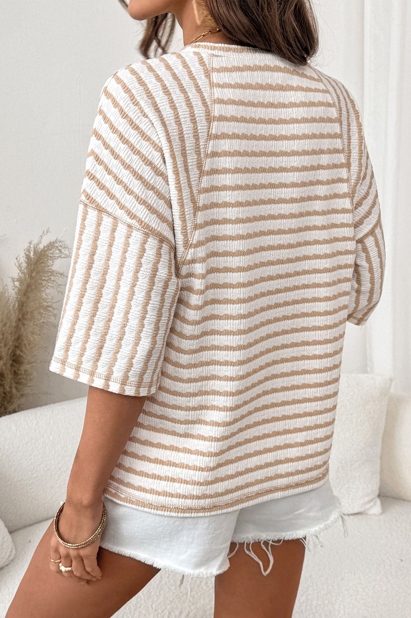 Apricot Stripe Textured Knit Top
