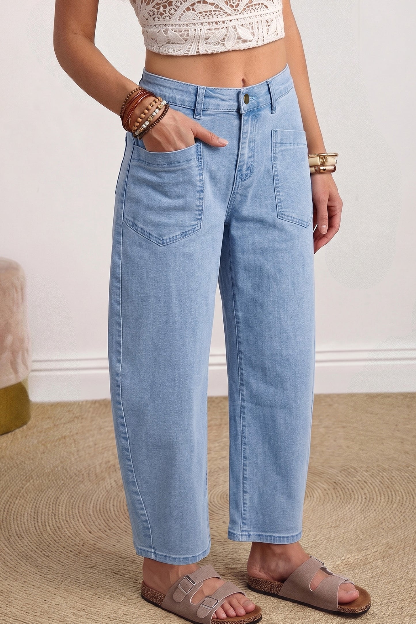Beau Blue Solid Color Square Patch Pocket Ankle-length Barrel Jeans