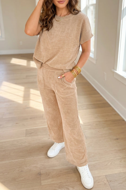 Light French Beige Solid Color Short Sleeve Top Casual Pants 2pcs Corduroy Set