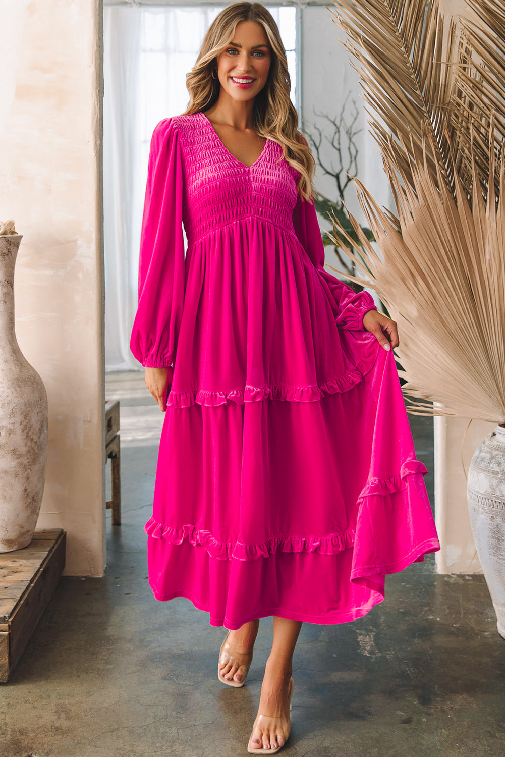 Fuchsia Dream Tiered Smock Dress