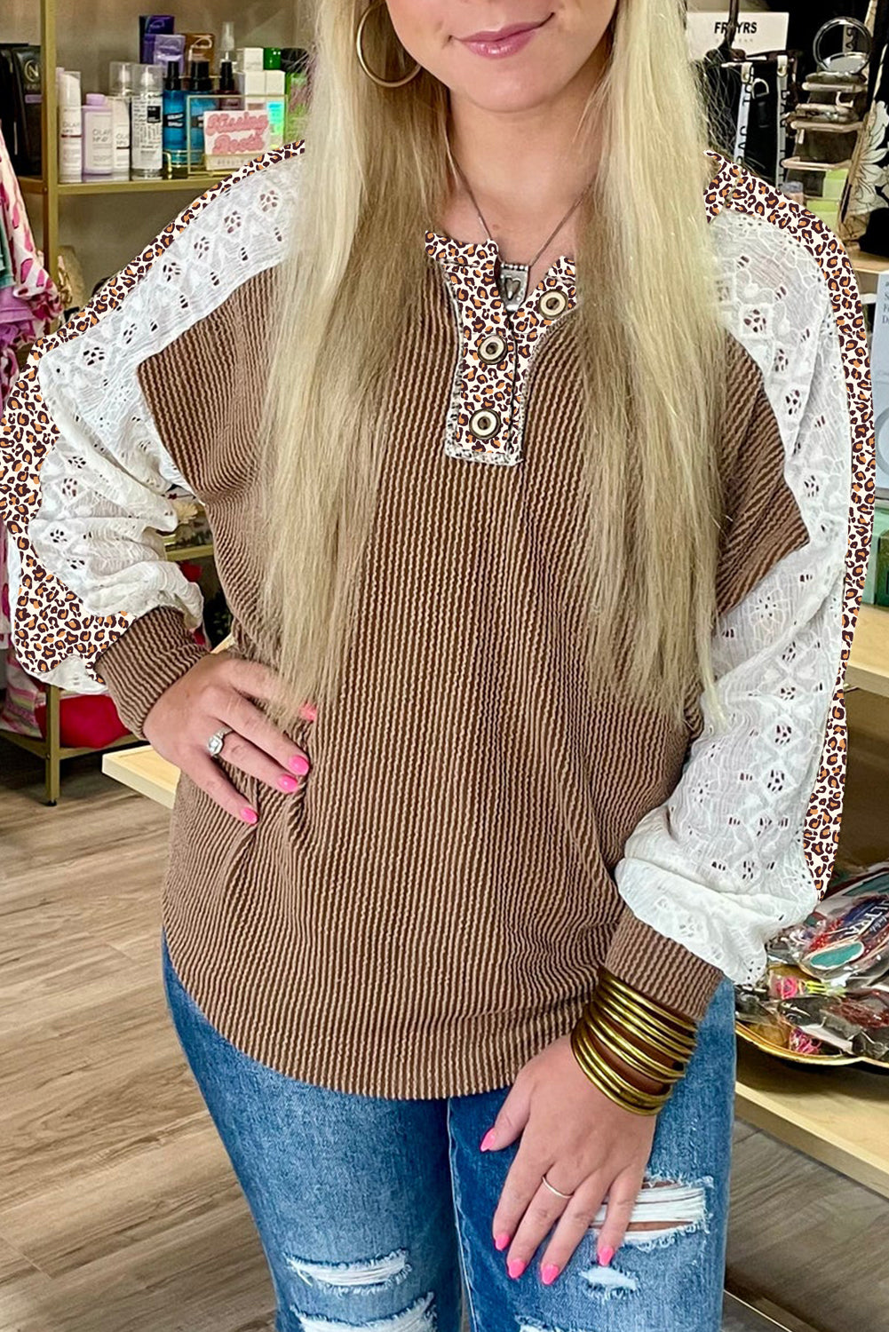 Dark Khaki Twisted Ribbed Leopard Lace Contrast Patchwork Long Sleeve Top