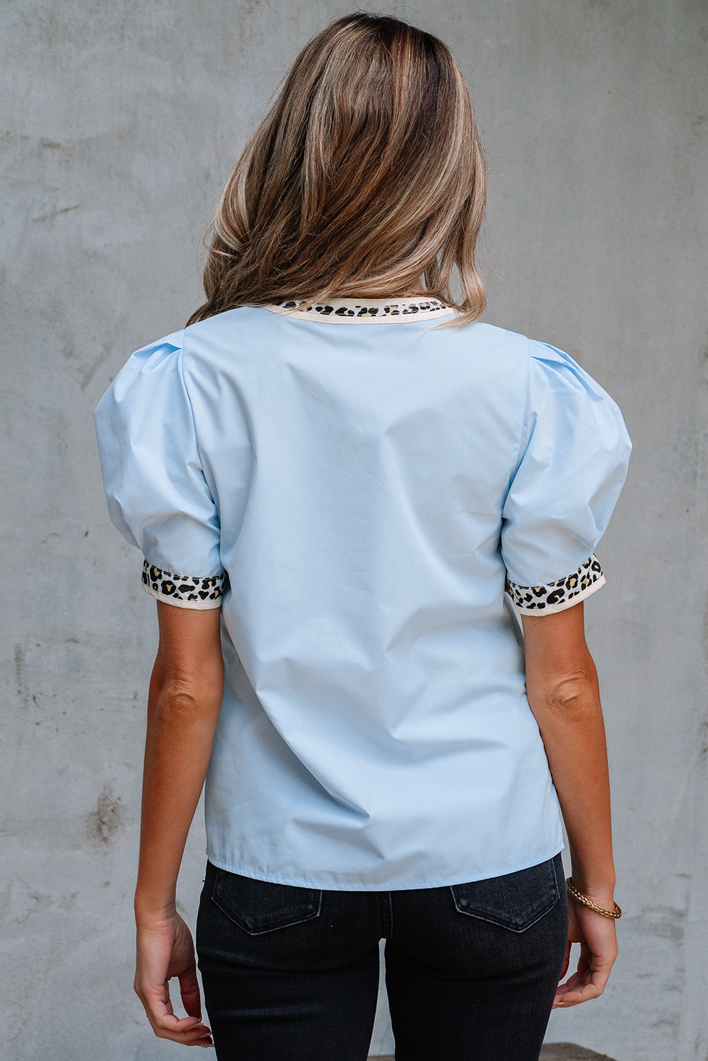 Contrast Leopard Trim Puff Sleeve Blouse