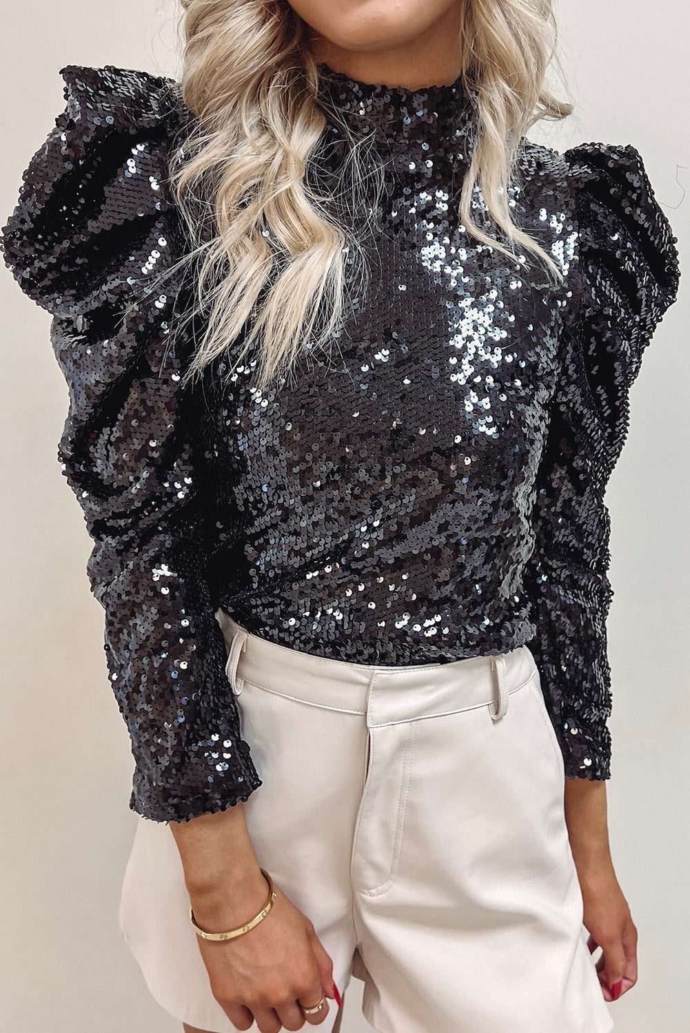 Midnight Drama Puff Sleeve Sequin Top