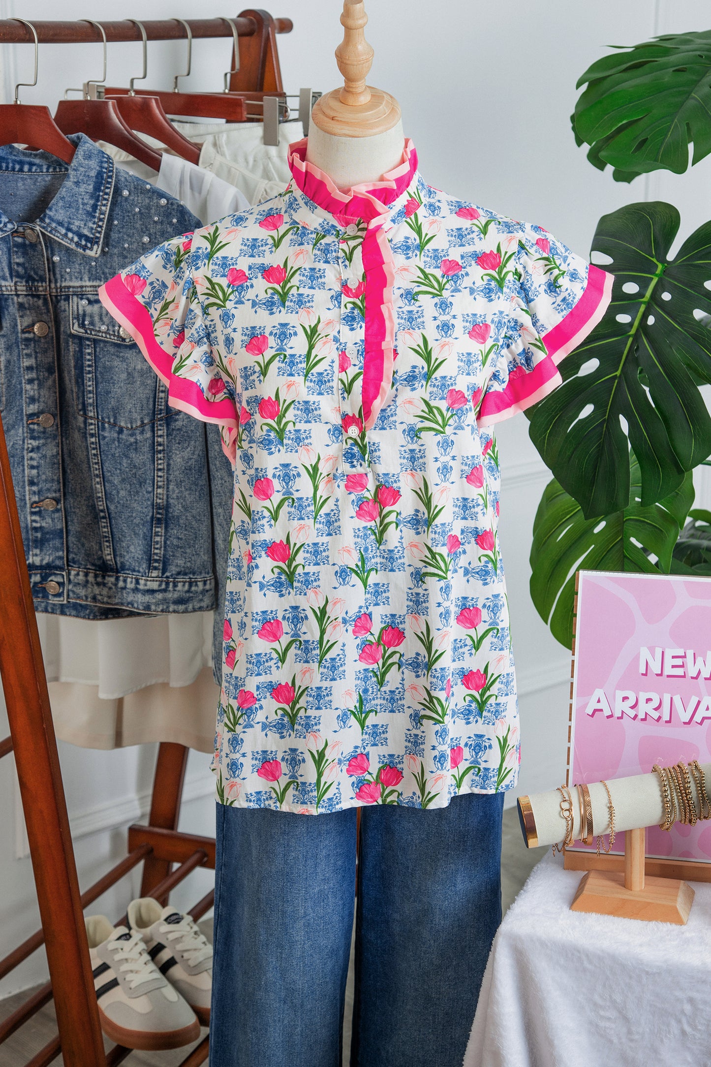 Rose Floral Print Color Block Striped Trim Flutter Sleeve Half Button Blouse