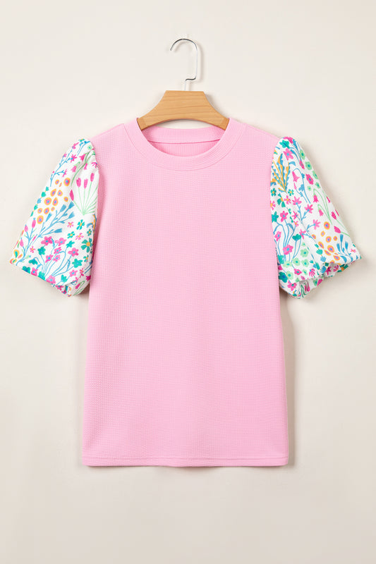 Pink Round Neck Textured Contrast Floral Bubble Sleeve Blouse