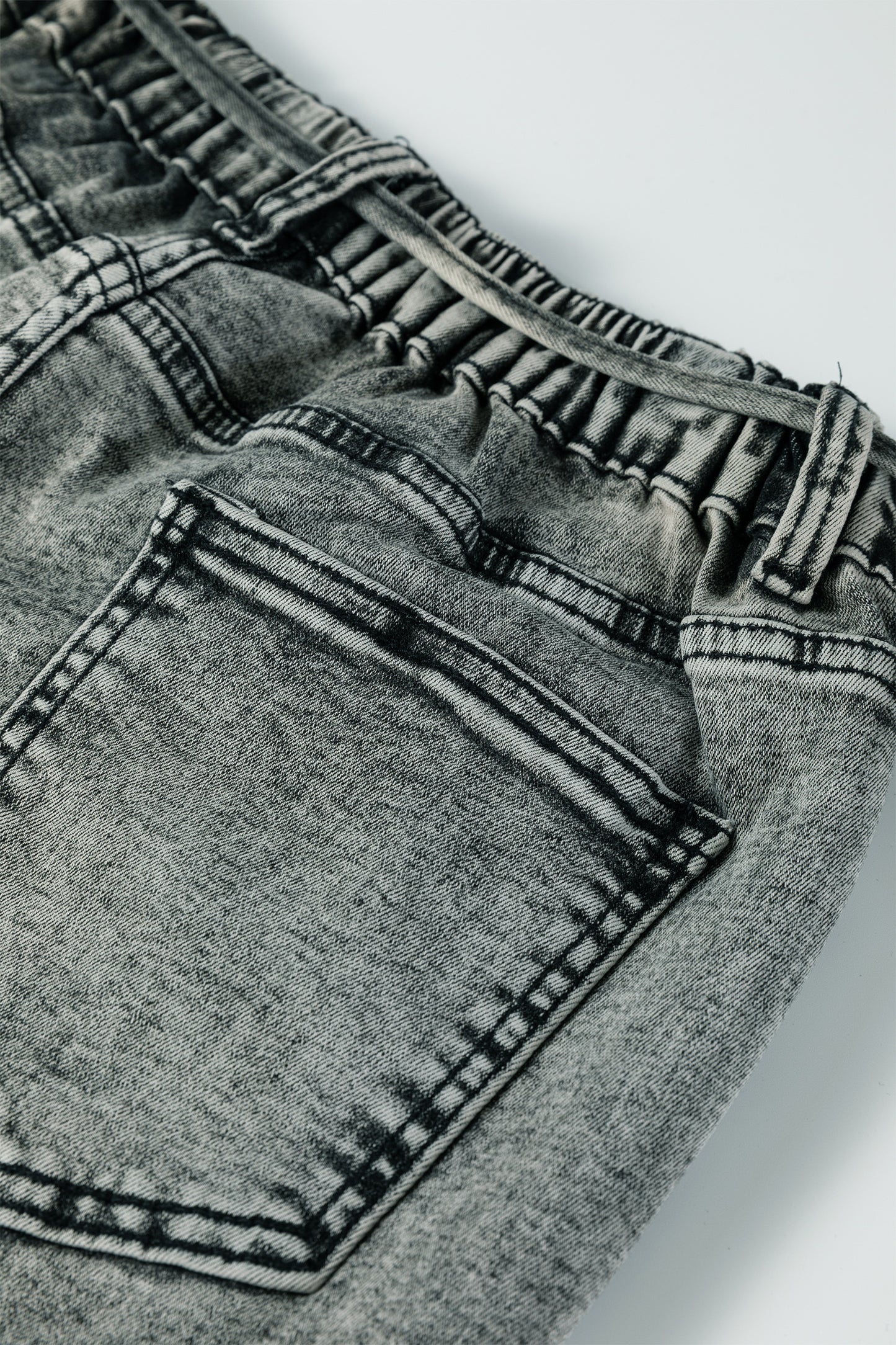 Gray Acid Wash Barrel Fit Denim Pants with Waist String