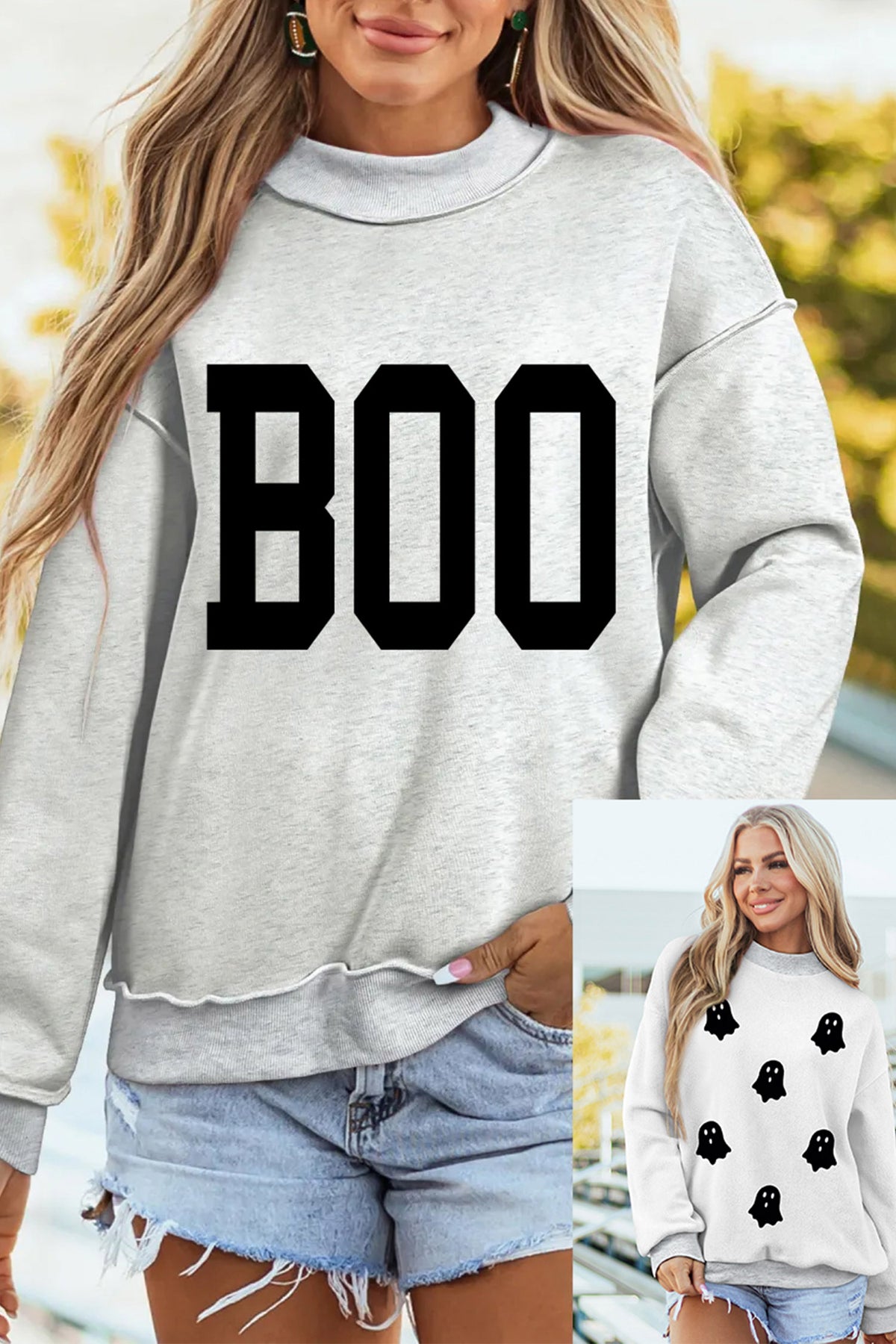 Light Grey Halloween Boo Slogan Ghost Print Reversible Mock Neck  Sweatshirt